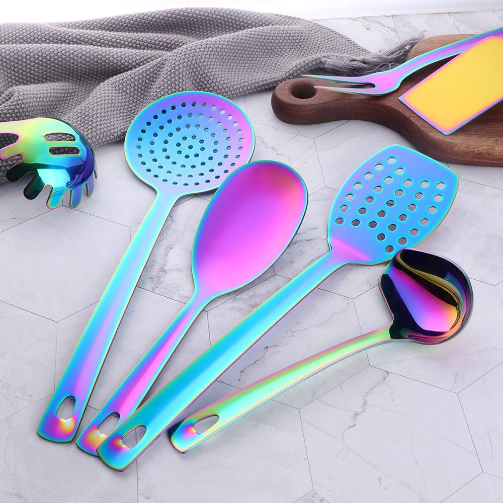 Premium 8-Piece Stainless Steel Kitchen Utensil Set with Titanium Rainbow Coating - Spatula, Slotted Spoon, Potato Masher & Cooking Tools for Baking, Frying & Food Prep - Dishwasher Safe Kitchen Gadgets