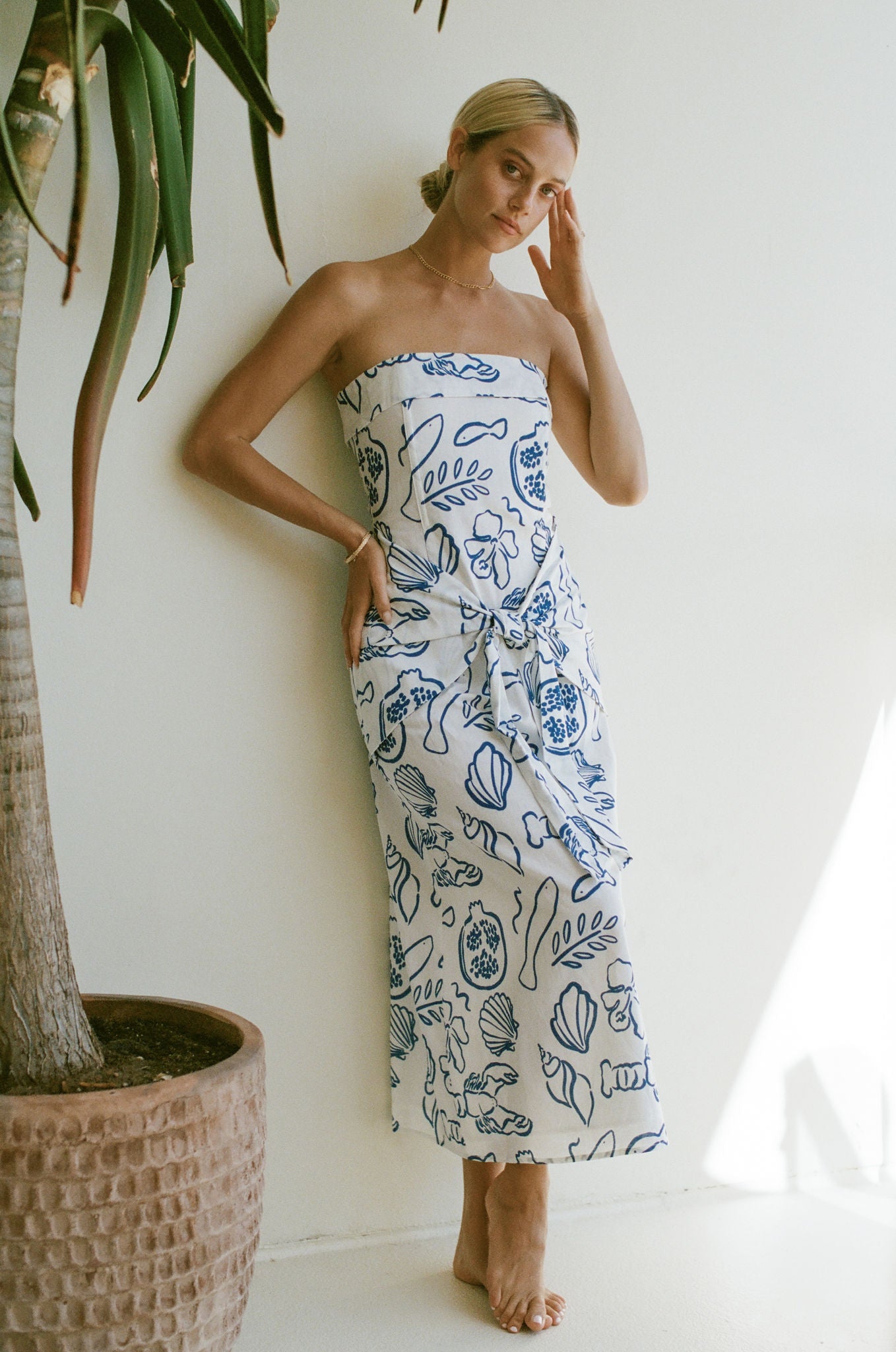 Amalfi Coast Linen Strapless Summer Dress - Floral Printed Beach Sundress for Vacation, Wedding & Boho Chic Outfits