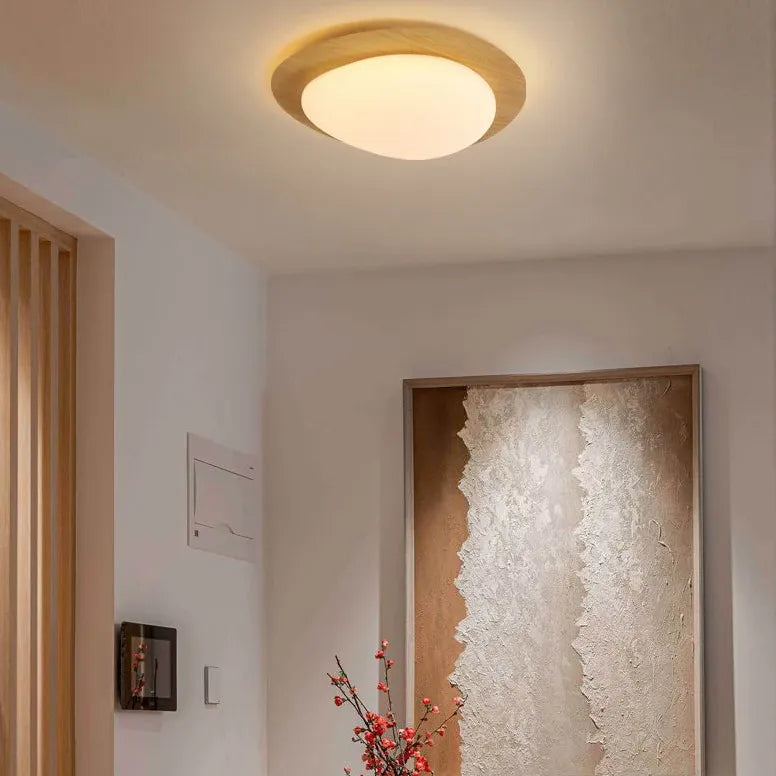 Minimalist Round Ceiling Light with Wooden Frame - Modern Scandinavian Style Lighting Fixture for Living Room, Bedroom, and Dining Room