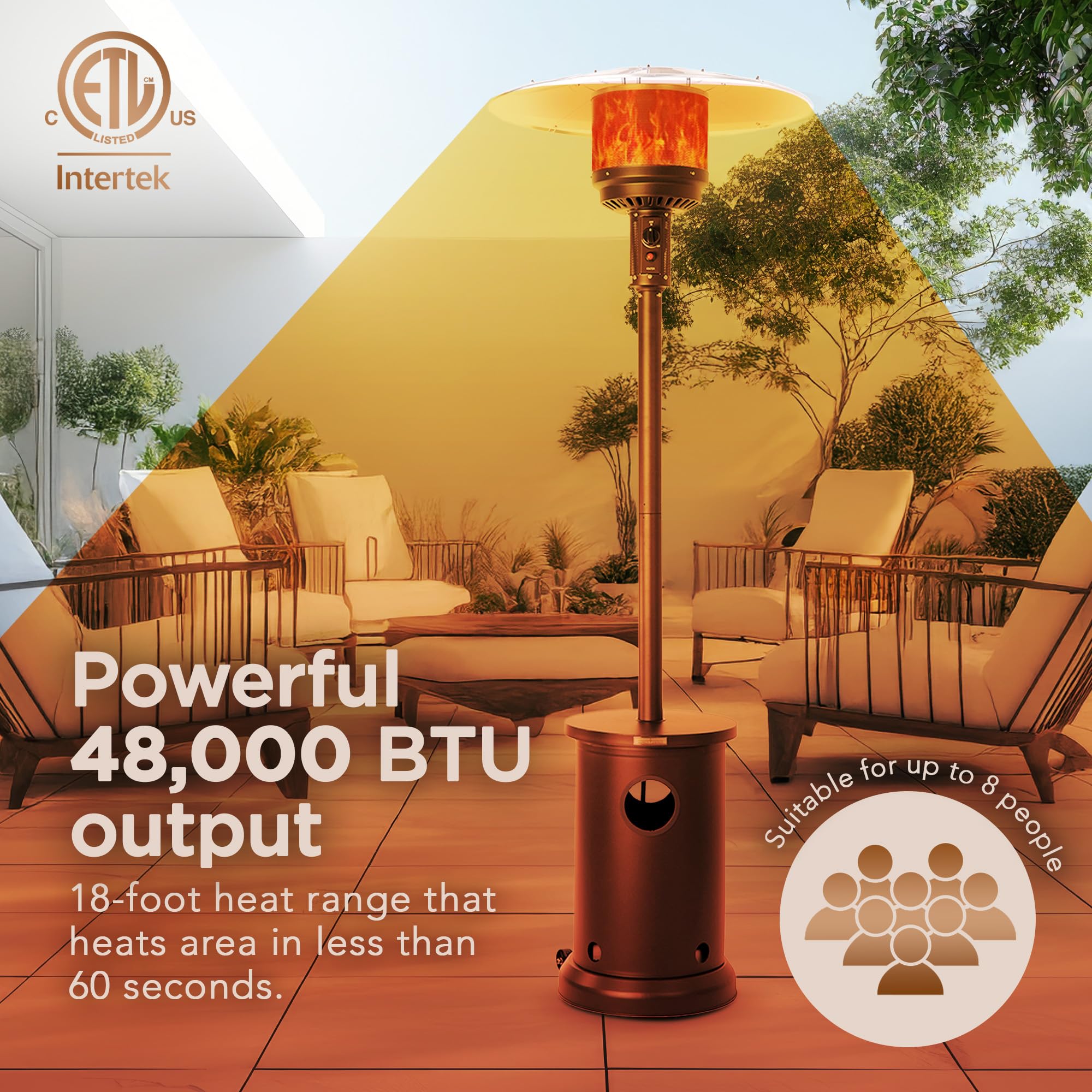 48,000 BTU Portable Outdoor Propane Patio Heater with Table & Wheels - Electronic Ignition System, Mocha Finish for Backyard, Deck & Garden Parties