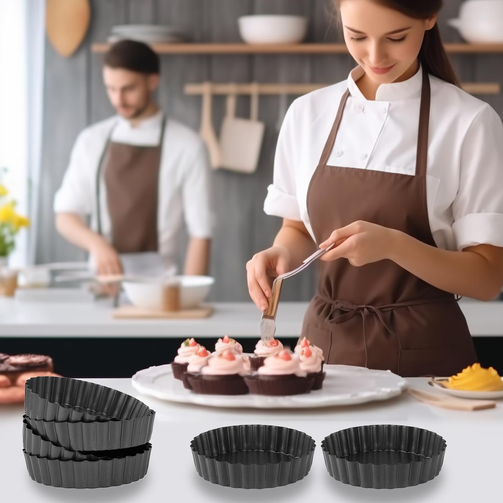 6-Pack 5 Inch Mini Tart Pans with Removable Bottom - Carbon Steel Round Quiche & Tartlet Baking Molds - Reusable Black Pie Pans for Desserts, Appetizers & Party Snacks