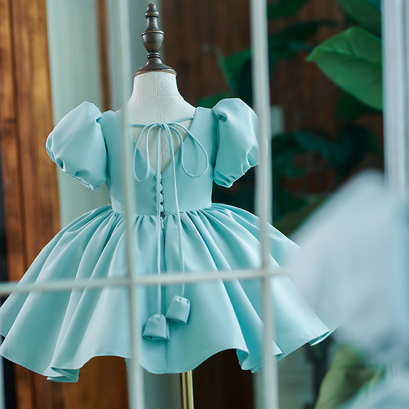 Mint Green Satin Flower Girl Dress with Ruffle Pleated Bow - Elegant Princess Party Gown for Weddings, Baptisms & Special Occasions