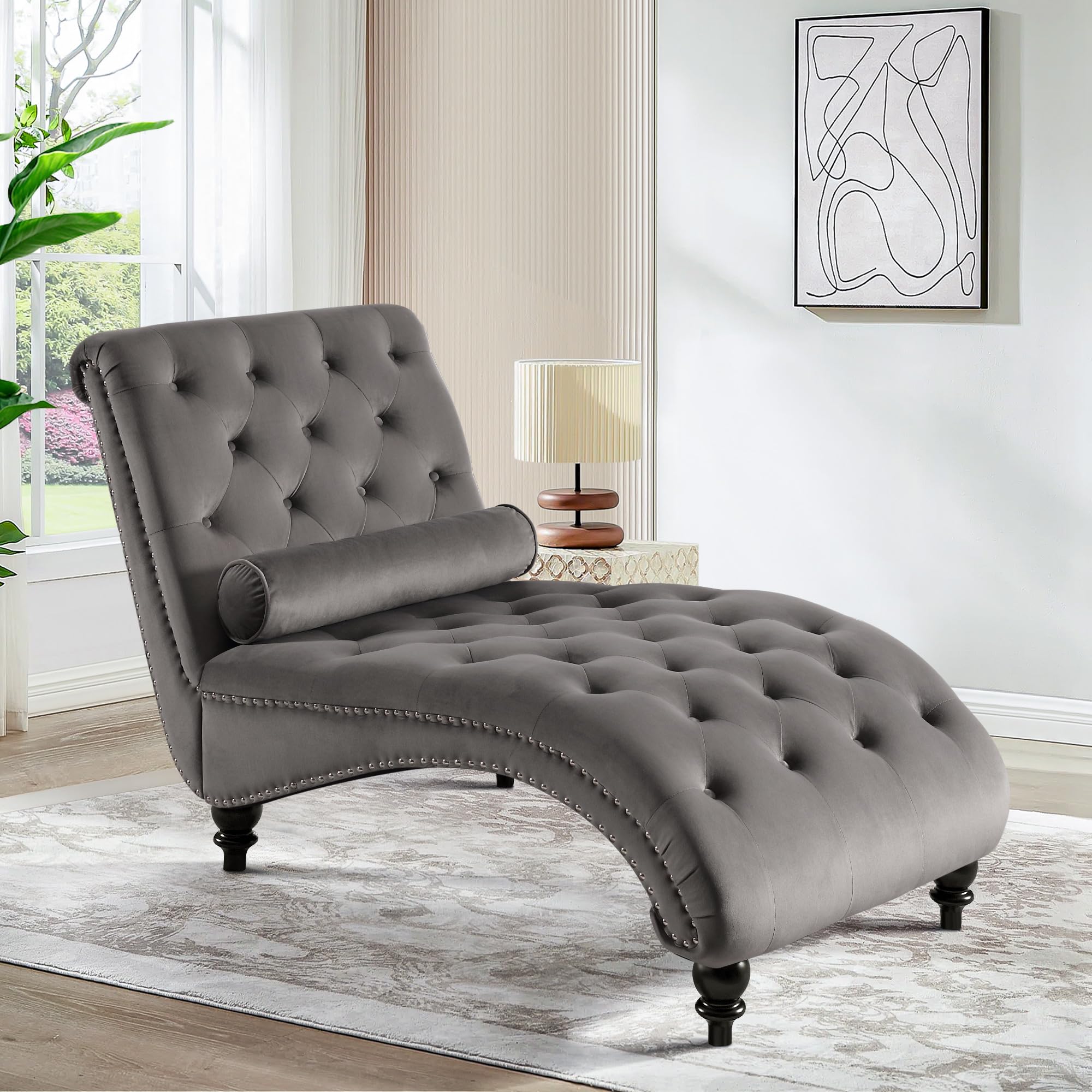 SLEERWAY Velvet Tufted Chaise Lounge Chair with Solid Wood Legs & Lumbar Pillow - Modern Upholstered Sleeper Sofa for Bedroom, Living Room, Office - Grey | Perfect for Relaxing, Reading & Small Space Decor