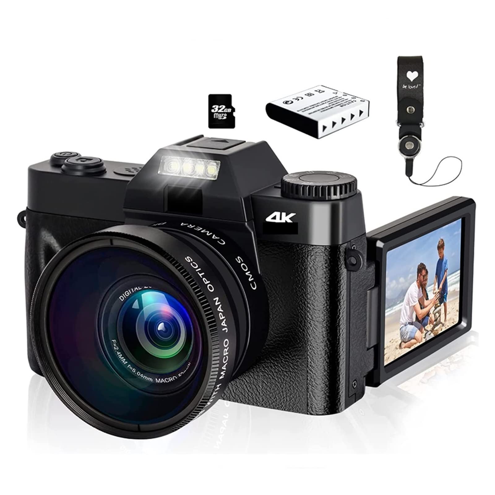 BODORME 4K Digital Camera with Flip Screen - 16X Zoom, Wide Angle Lens, 64GB TF Card & Lens - Perfect for Photography, Vlogging, YouTube & Selfies
