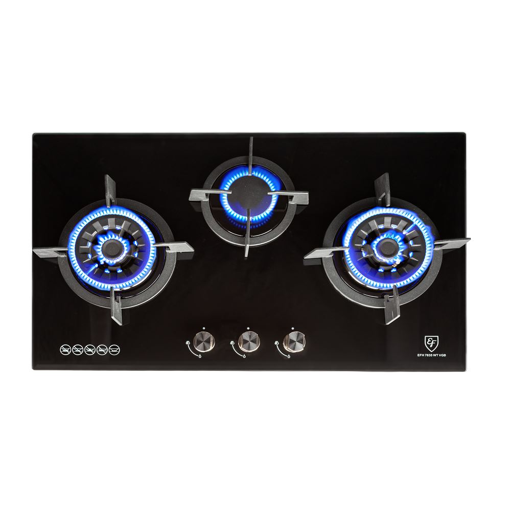 EF EFH7635WTVGB 78cm Gas Cooktop with 3 Brass Burners - High Efficiency Stainless Steel Stove for Home Kitchen, Perfect for Boiling, Frying & Simmering