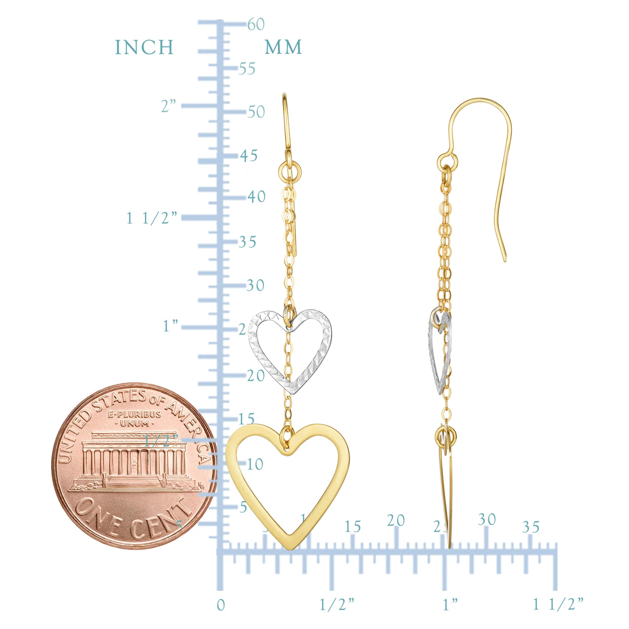 10K Two Tone Gold Heart Cutout Dangling Drop Earrings for Women - Elegant Jewelry Gift for Valentine's Day, Anniversary & Special Occasions