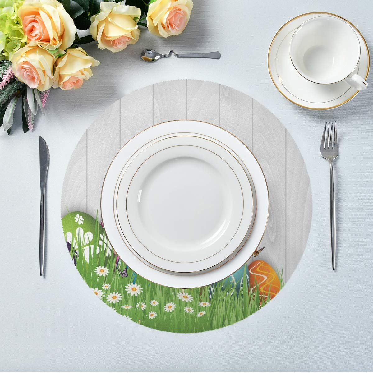 Easter Eggs Flower Butterfly Round Table Mats Set of 4 - Heat Resistant Non-Slip Polyester Placemats for Dining Table - Easter Kitchen Decor - Washable & Easy to Clean - Perfect for Holiday Dinners, Spring Celebrations & Home Decor