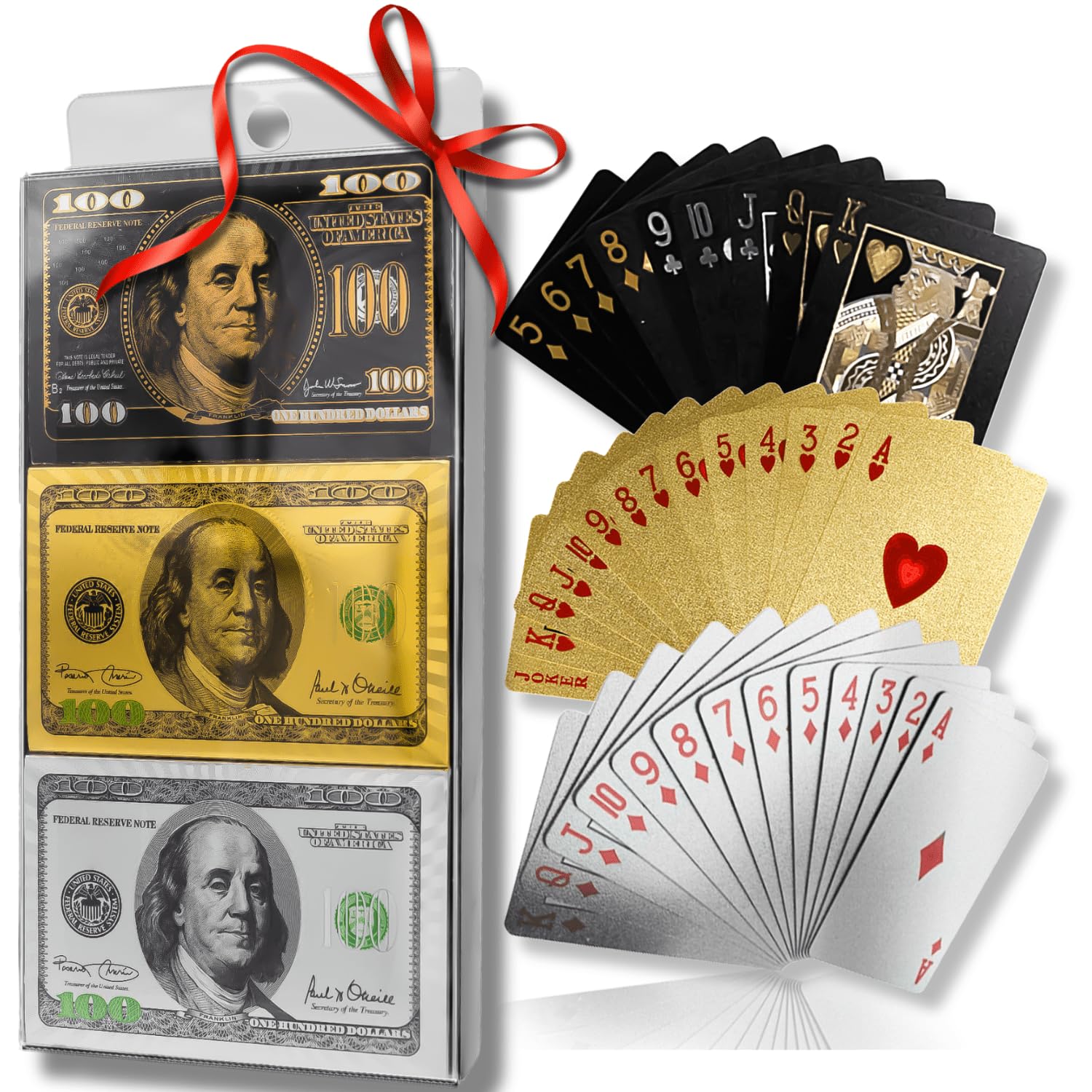 Magic Kiss Waterproof Gold & Silver Foil Poker Playing Cards - 3 Decks Plastic Card Set (Gold, Silver, Black) - Perfect for Casino Nights, Poker Parties & Card Magic Tricks