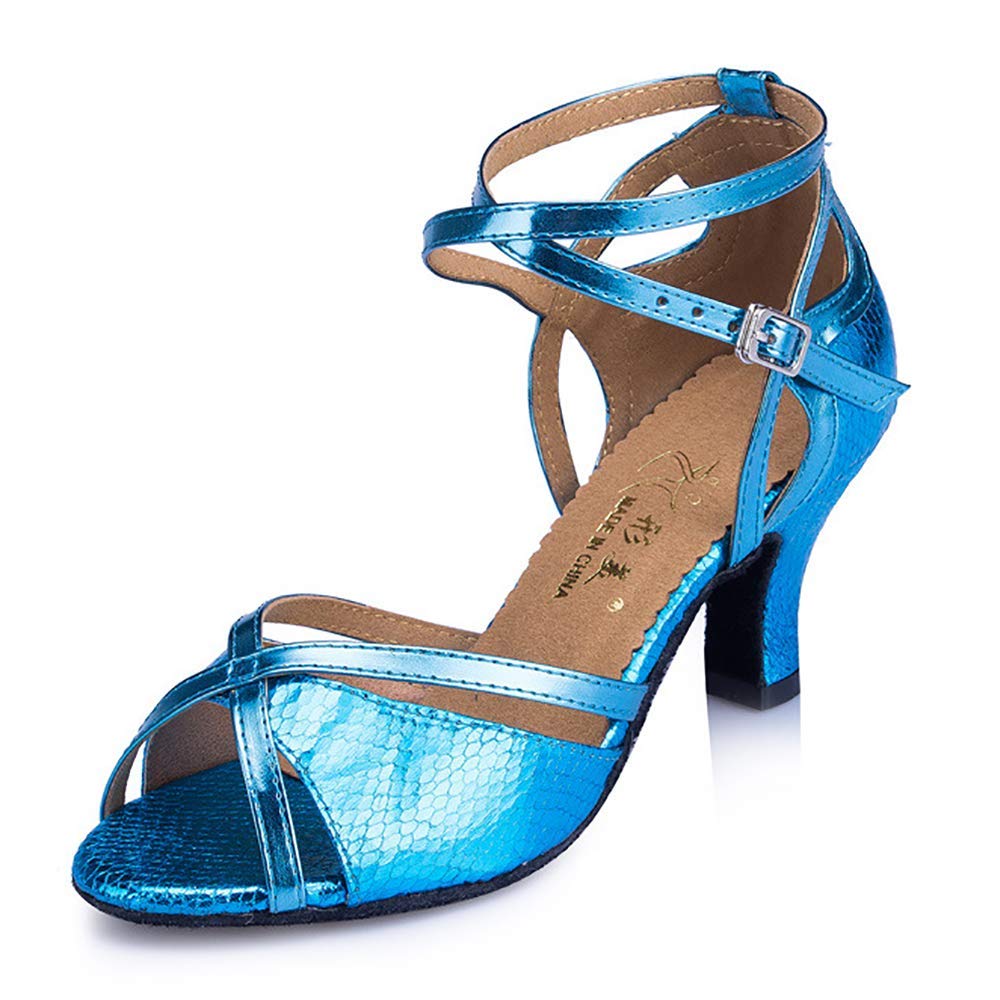 Women's Professional Latin Dance Shoes - Leather Cross Strap Ballroom Shoes with Non-Slip Sole | Open Toe Standard Practice Shoes for Salsa, Tango & Bachata (Light Blue, Size 38EU) | Perfect for Dance Competitions & Studio Training