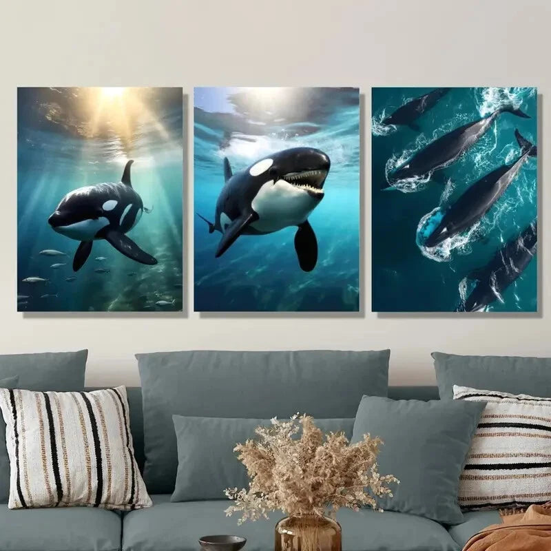 3-Piece Fish Animal Theme Ink Painting Metal Print Wall Art - Ready to Hang - Perfect for Living Room, Bedroom, Office & Home Decor