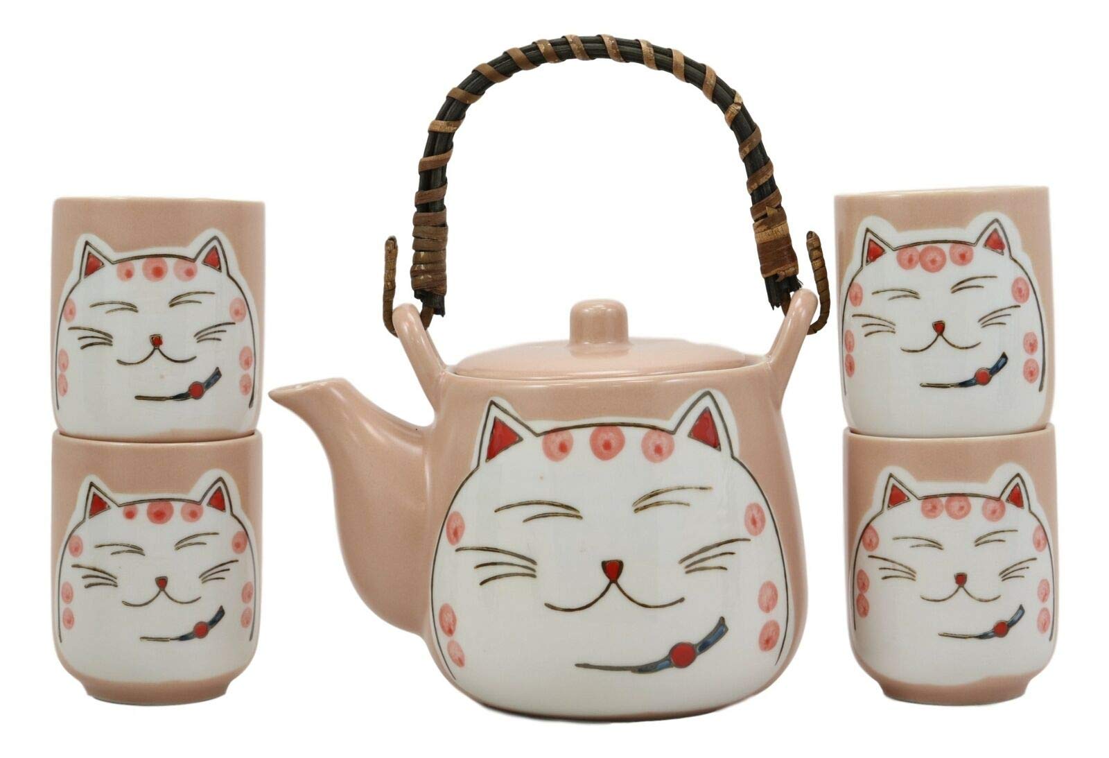 HomDEc Maneki Neko Lucky Beckoning Cat Matte Pink 20oz Ceramic Tea Pot and Cups Set - Japanese Good Luck Tea Set for Home, Office & Gift Giving