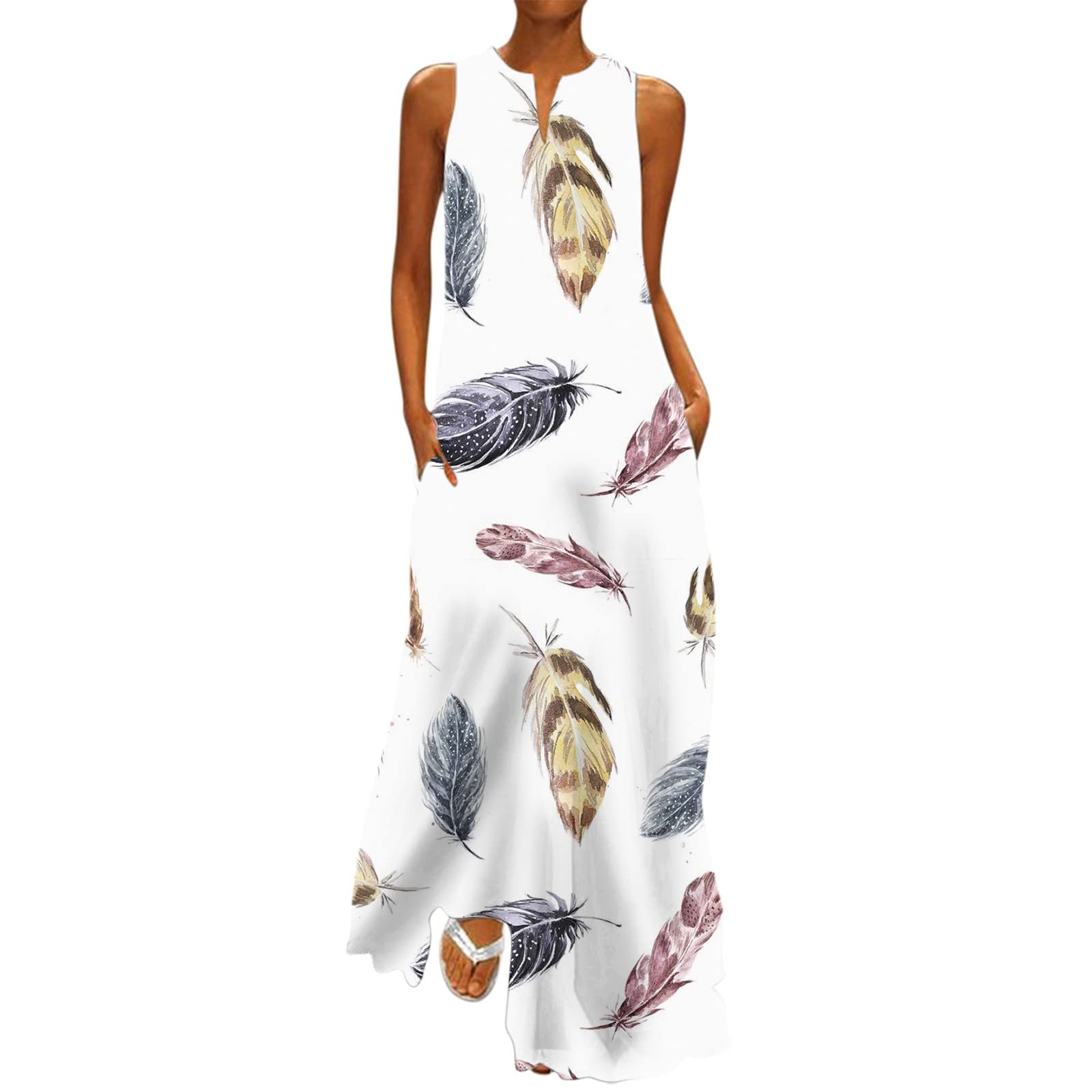 Women's Summer Sleeveless Floral Print V-Neck Maxi Dress - Boho Beach Long Loose Flowy Dress for Vacation, Party & Casual Wear