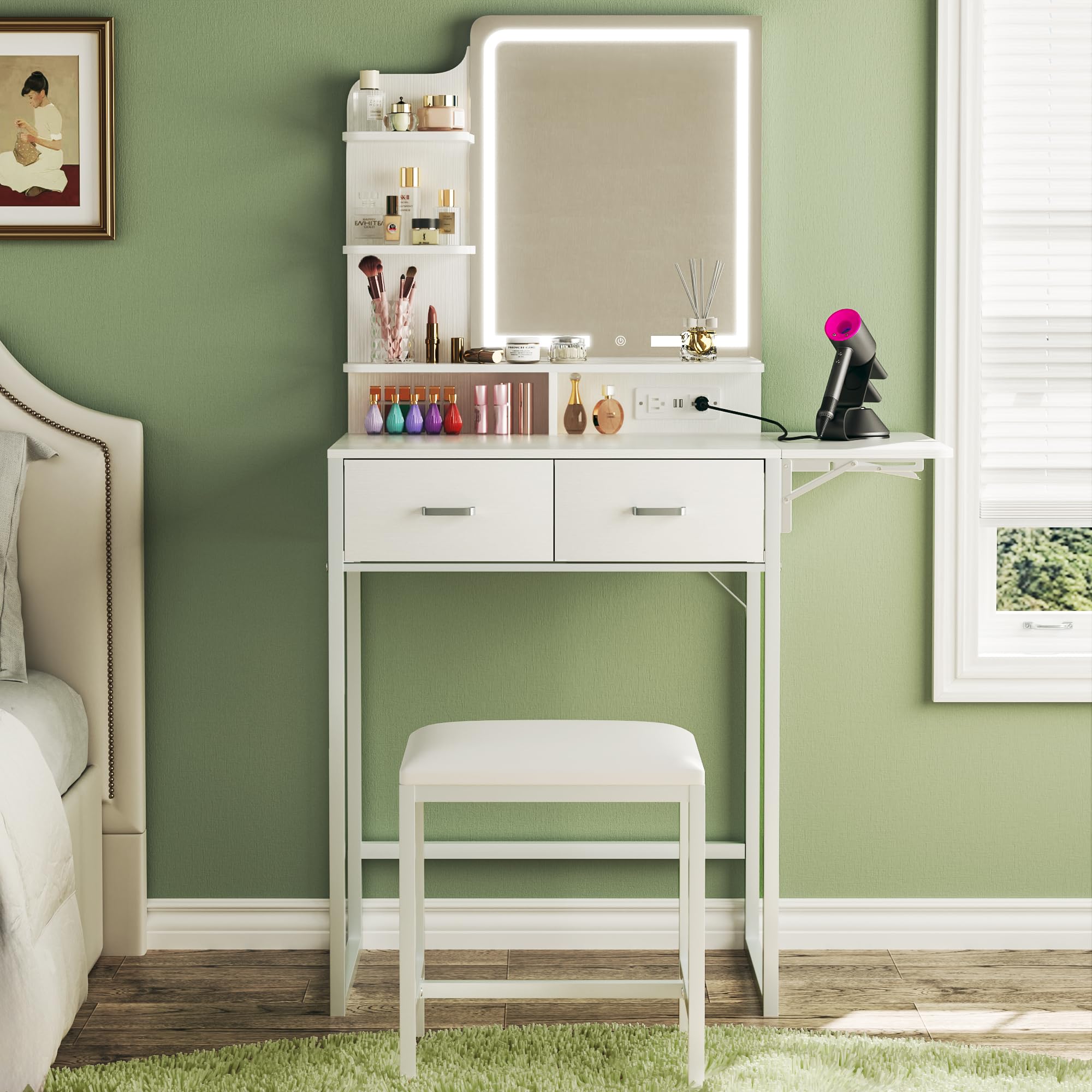 White Makeup Vanity Desk with LED Lights & Mirror - Small Dressing Table with Fabric Storage Drawer, Chair & Shelves - Fold-Up Panel & Power Outlet - Perfect for Bedroom, Dorm Room or Beauty Salon