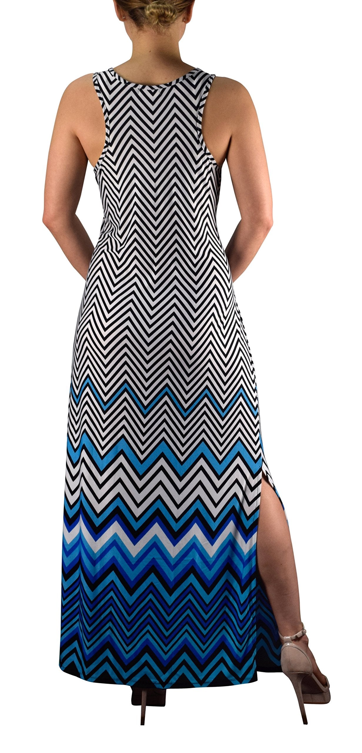 Boho Maxi Striped Chevron Print Scoop Neck Tank Dress for Women - Blue, Large | Perfect for Summer Beach Vacations, Music Festivals & Casual Outings