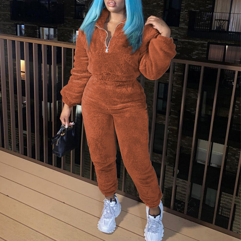 Cozy Fleece Two-Piece Tracksuit Set for Women - Soft Plush Neckline Jogger Outfit | Lounge, Yoga, Travel & Casual Wear