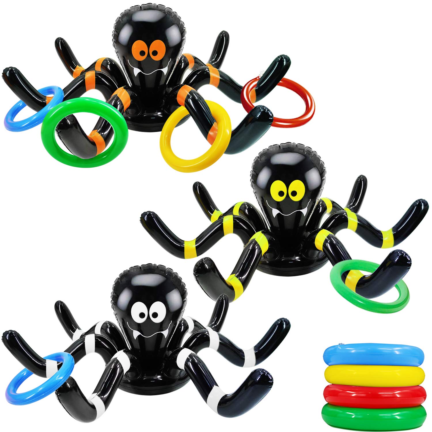15-Piece Giant Spider Witch Hat Ring Toss Game - Inflatable Halloween Party Games for Kids & Adults - Indoor Outdoor Carnival & Family Party Activity - Halloween School Party Favors (3 Giant Spiders & 12 Rings) - Perfect for Halloween Parties, School Events & Backyard Carnival Games