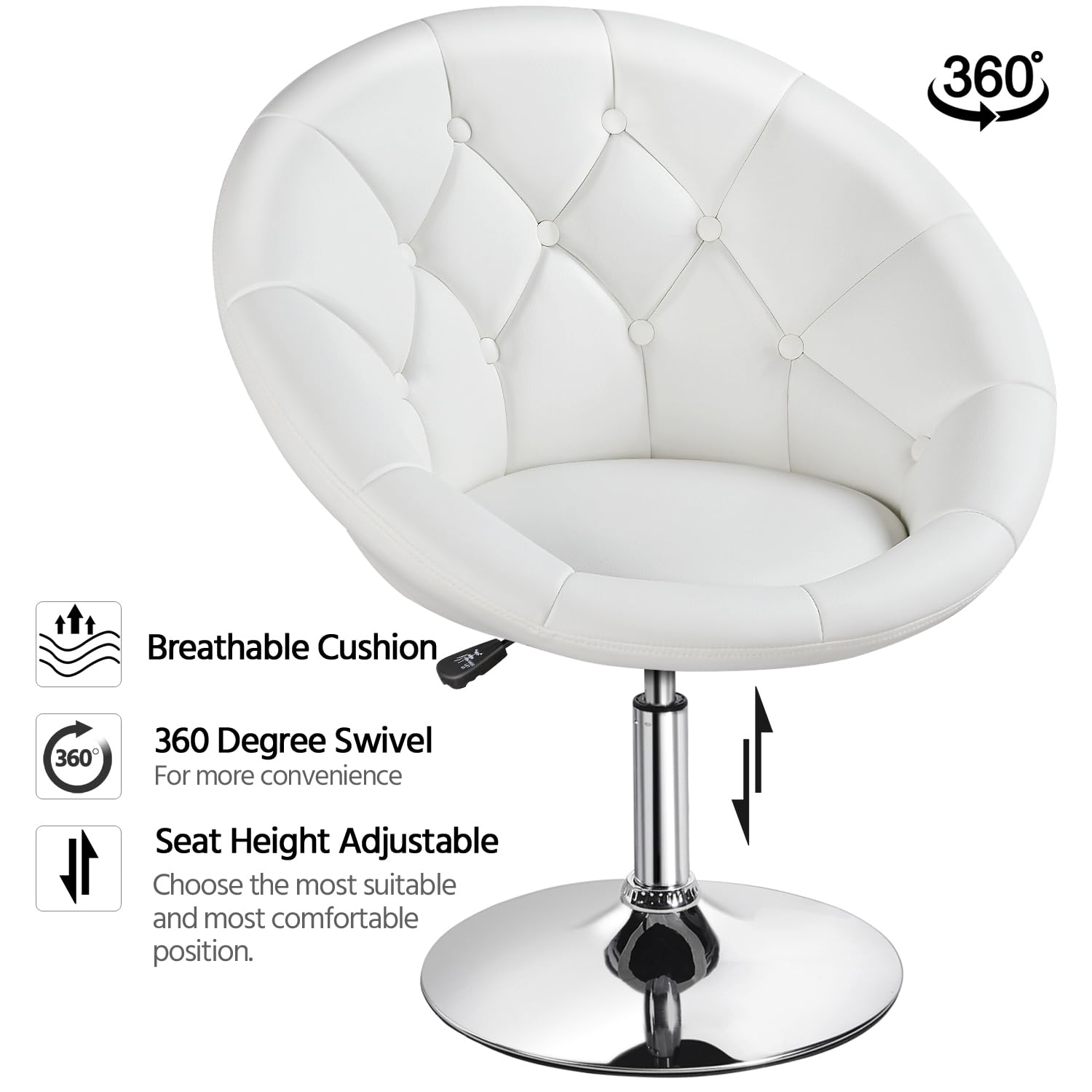 Yaheetech Adjustable Height Makeup Vanity Chair - Swivel Accent Chair with Chrome Frame & Round Back, Tilt Function for Dressing Room, Bedroom, Living Room - Perfect for Beauty Salon, Home Decor & Makeup Application
