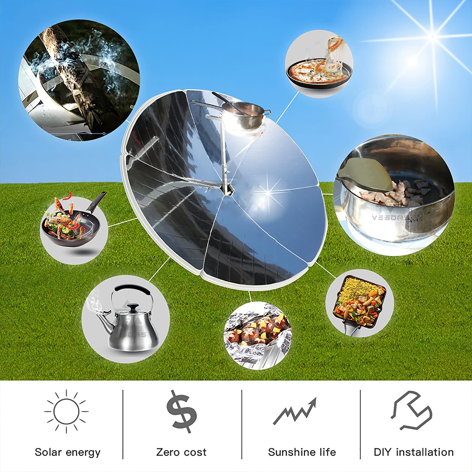 **1800W Portable Parabolic Solar Cooker - 59 Inch Foldable Outdoor Oven with Magnesia Stove Kit for Camping, Hiking & Emergency Cooking**