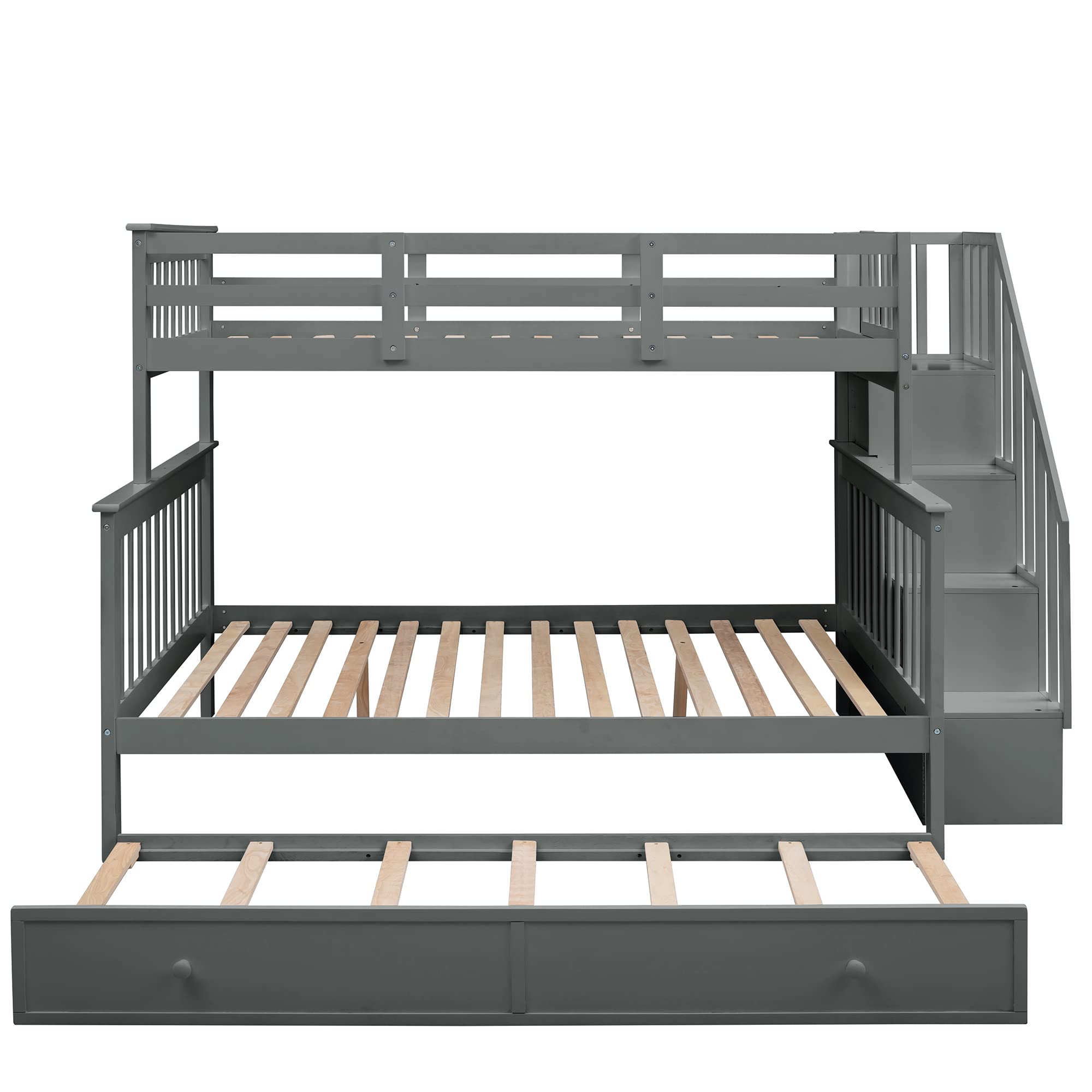 Harper & Bright Designs Twin Over Full Bunk Bed with Trundle & Storage - Wooden Bunk Bed Frame with Stairs for Kids, Teens & Adults - Space-Saving Grey Bedroom Furniture for Small Rooms, Guest Rooms & Vacation Homes