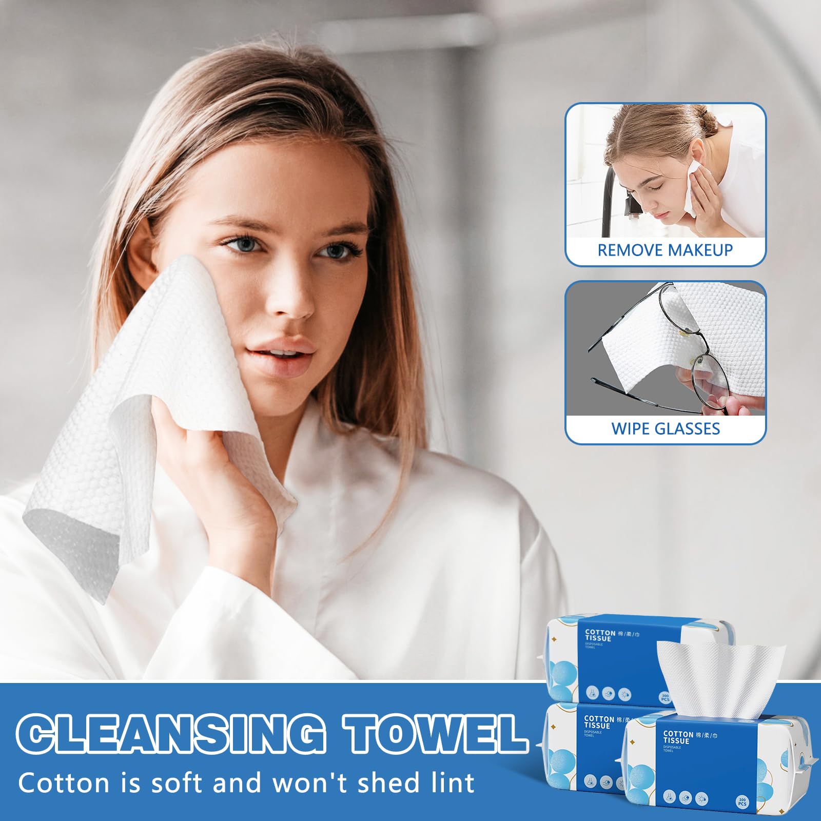 100 Count Soft Cotton Disposable Face Towels - Gentle Dry Wipes & Facial Cloths for Washing, Drying & Makeup Removal | Ideal for Skincare Routine, Travel & Gym Use