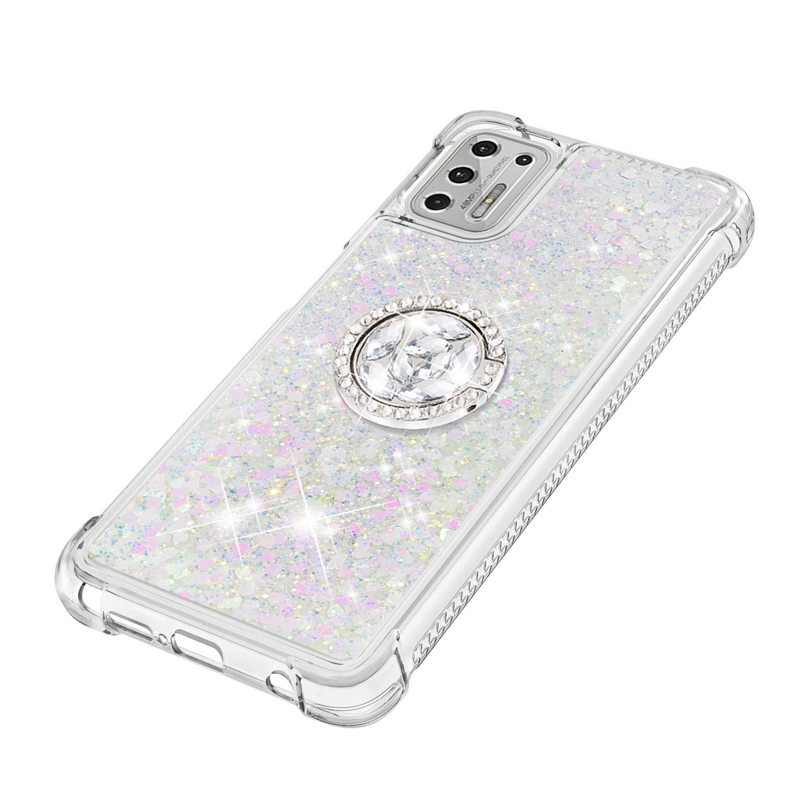 Sparkly Clear Glitter Phone Case for Motorola G Stylus 2021 - Liquid Quicksand Bling Cover with Diamond Ring Holder & Rugged Protection | Stylish Protective Case for Women Girls | Perfect for Daily Use, Work & Parties