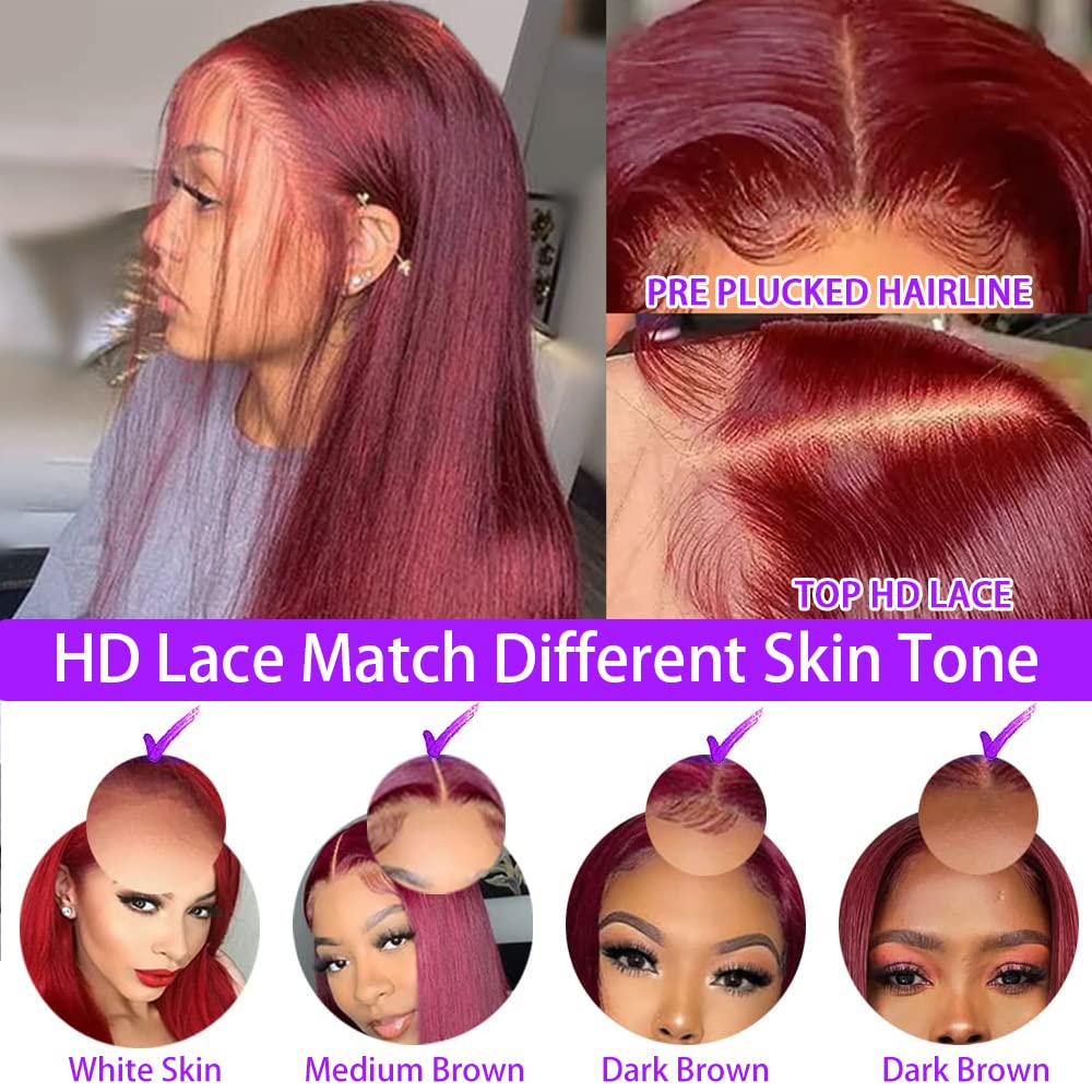 CHEETAHBEAUTY 99j Burgundy 28Inch Lace Front Wig - 13x6 Brazilian Virgin Straight Human Hair Wig for Women (220% Density, Pre-Plucked with Baby Hair) | Perfect for Cosplay, Daily Wear & Special Occasions