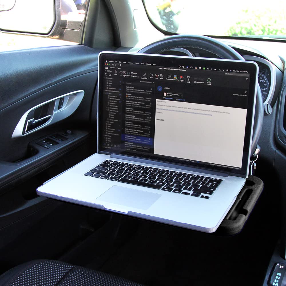 Limitless RoadWarrior 2-in-1 Car Food Tray & Steering Wheel Desk - Portable Laptop Stand, Tablet Holder & Dining Tray for Commuters, Truck Drivers & Road Trips (Black)