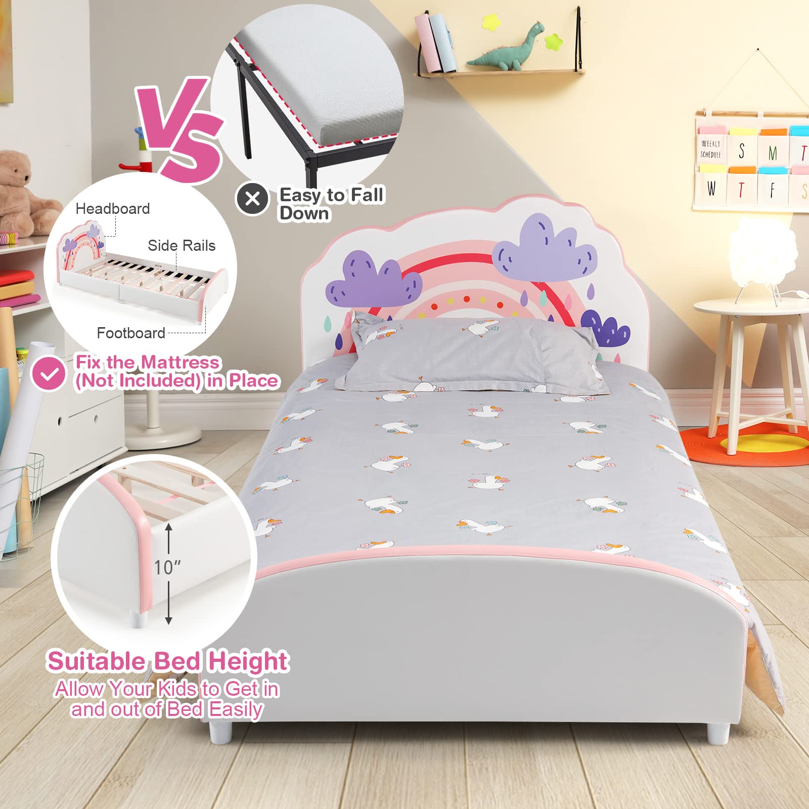 Costzon Twin Bed Frame for Kids - Wood Upholstered Platform Bed with Slat Support, Padded Headboard & Footboard - No Box Spring Needed - Easy Assembly - Fits Standard Twin Mattress (Cloud) - Perfect for Kids' Bedrooms, Guest Rooms & Small Spaces