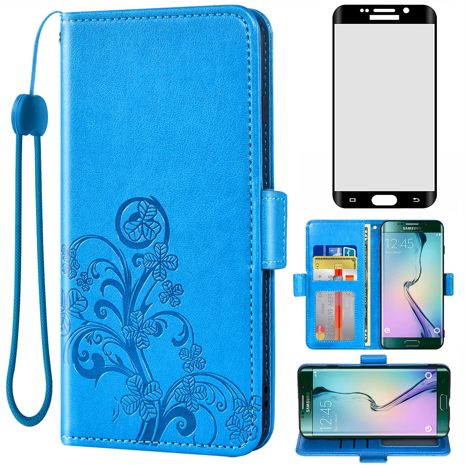 **Asuwish Samsung Galaxy S6 Edge Wallet Case with Tempered Glass Screen Protector, Flip Cover with Wrist Strap & Credit Card Holder, Stand Feature - Compatible with Galaxy S6 Edge/6s/6/6 Edge (Blue, Unisex Design) - Perfect for Work, Travel & Daily Protection**