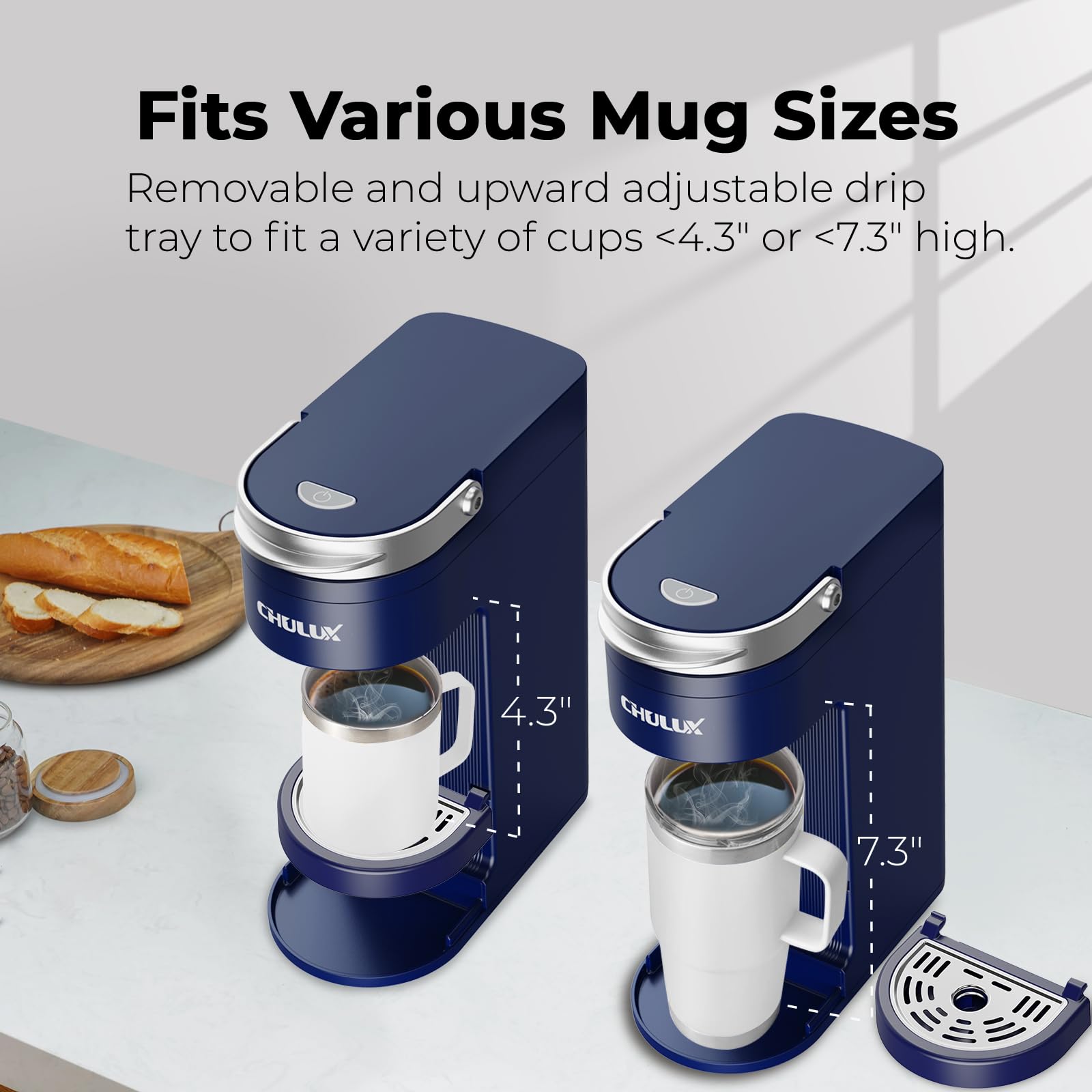 CHULUX Slim Single Serve Coffee Maker for K-Cups & K-Pods - Compact One Cup Coffee Machine with 6-12oz Brew Sizes, Fits 7.3