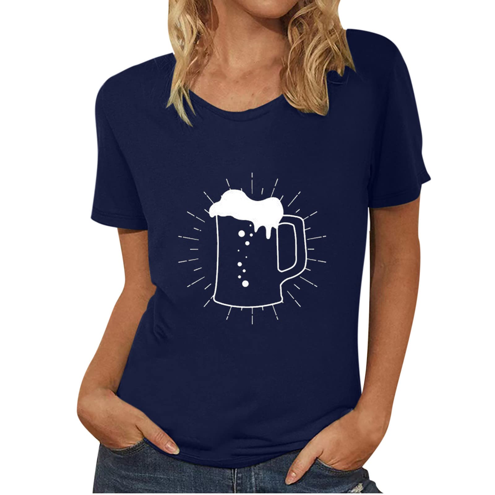Oktoberfest Tops for Women - Cute Beer Print Tunic Blouse Short Sleeve Crewneck T-Shirt | Perfect for Oktoberfest Parties, Beer Festivals & Casual Outings