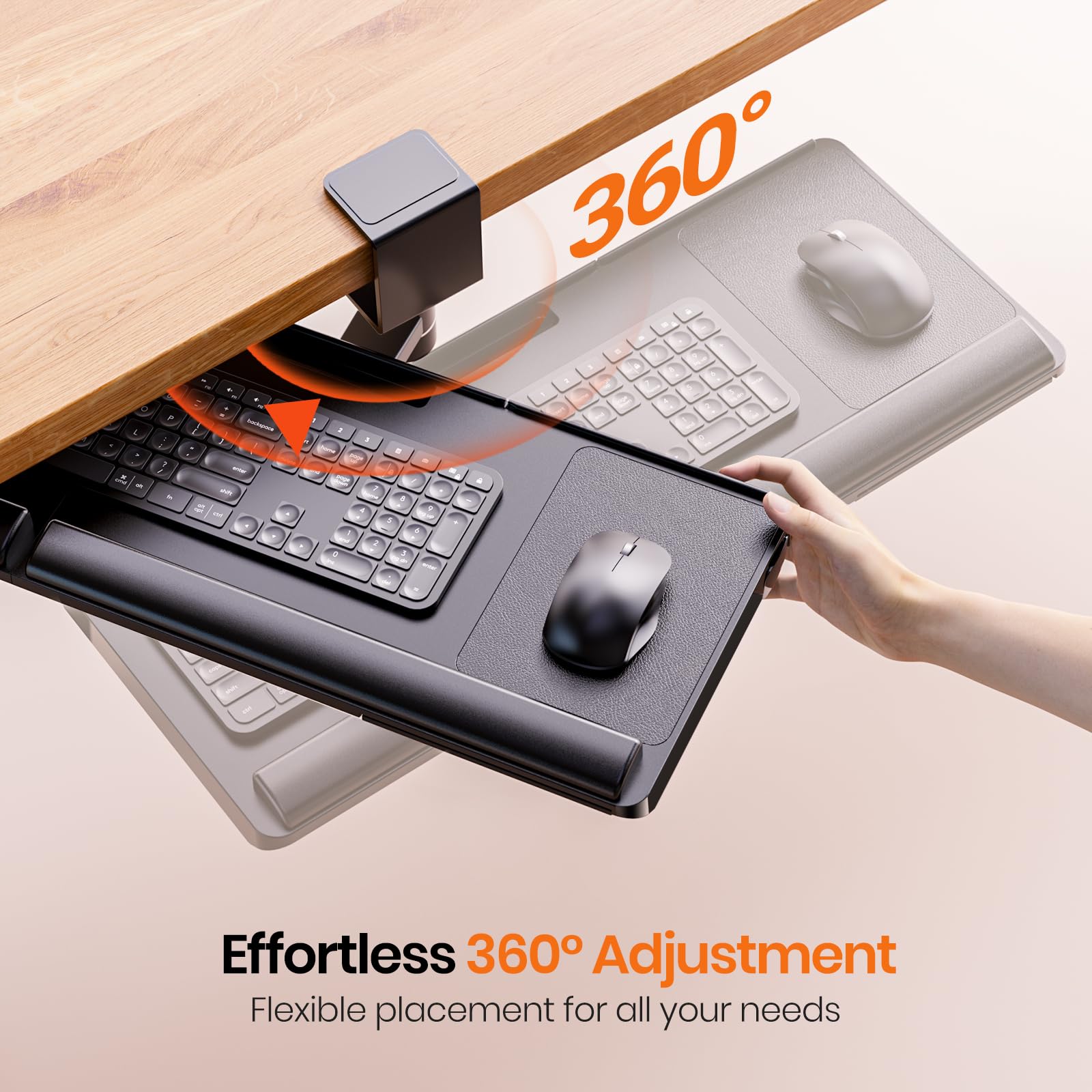 Klearlook 360° Rotating Under Desk Keyboard Tray - Adjustable Ergonomic Computer Keyboard & Mouse Stand with Wrist Rest & Storage Drawer (25