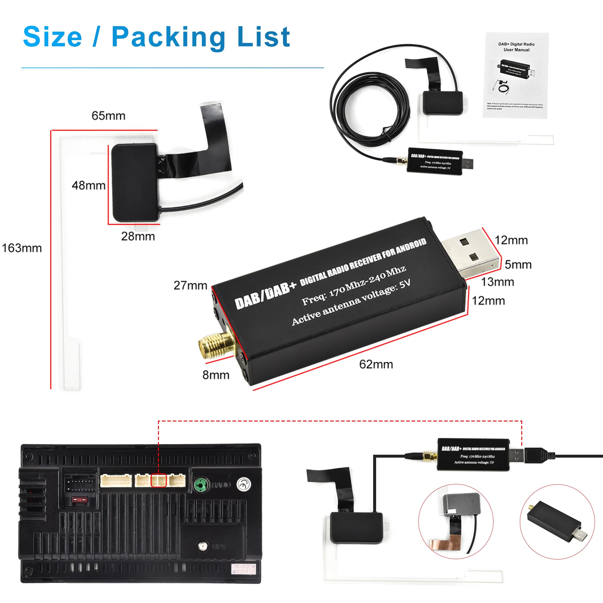 Rimoody DAB/DAB+ Digital Radio Receiver for Car - USB Dongle Adapter with Antenna for Android Car Stereo | Wireless Audio Streaming for Road Trips & Commuting