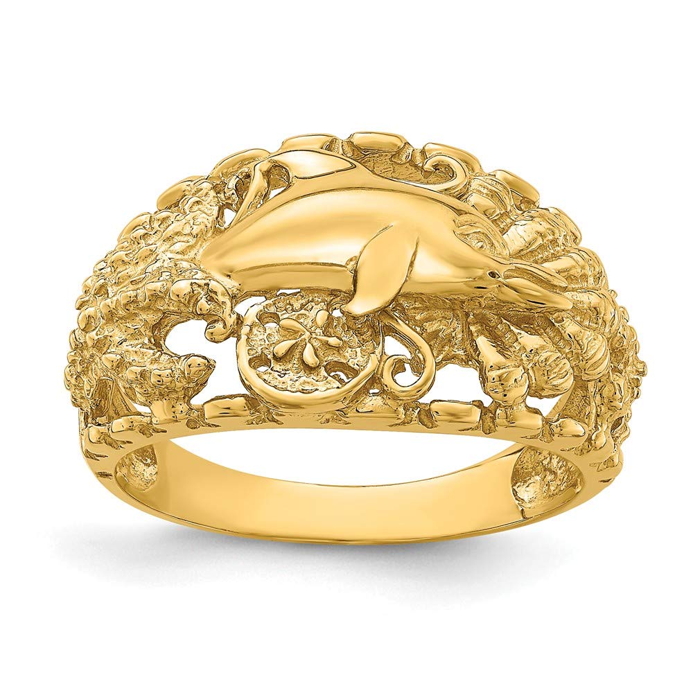 14K Solid Yellow Gold Dolphin & Sand Dollar Ring Band - Elegant Beach Jewelry for Women, Perfect for Vacation, Wedding, and Everyday Wear