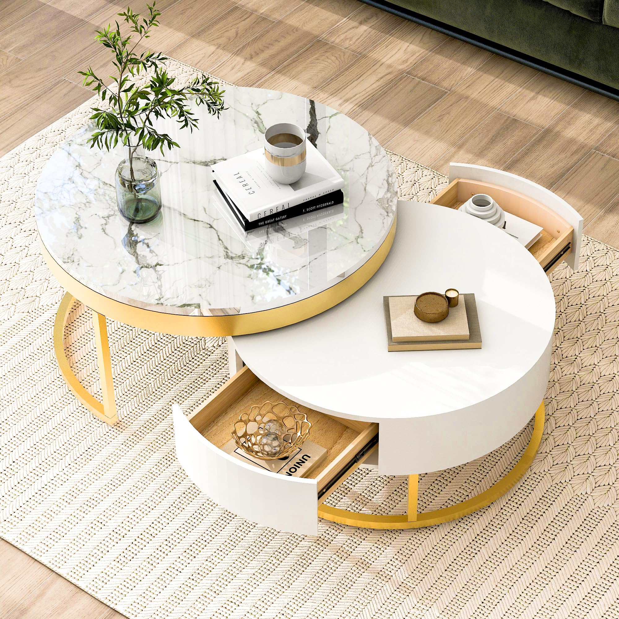 Modern White Round Nesting Coffee Table with Drawers - Stylish Circle Living Room Furniture for Small Spaces | Perfect for Apartments, Lounge Areas & Home Decor