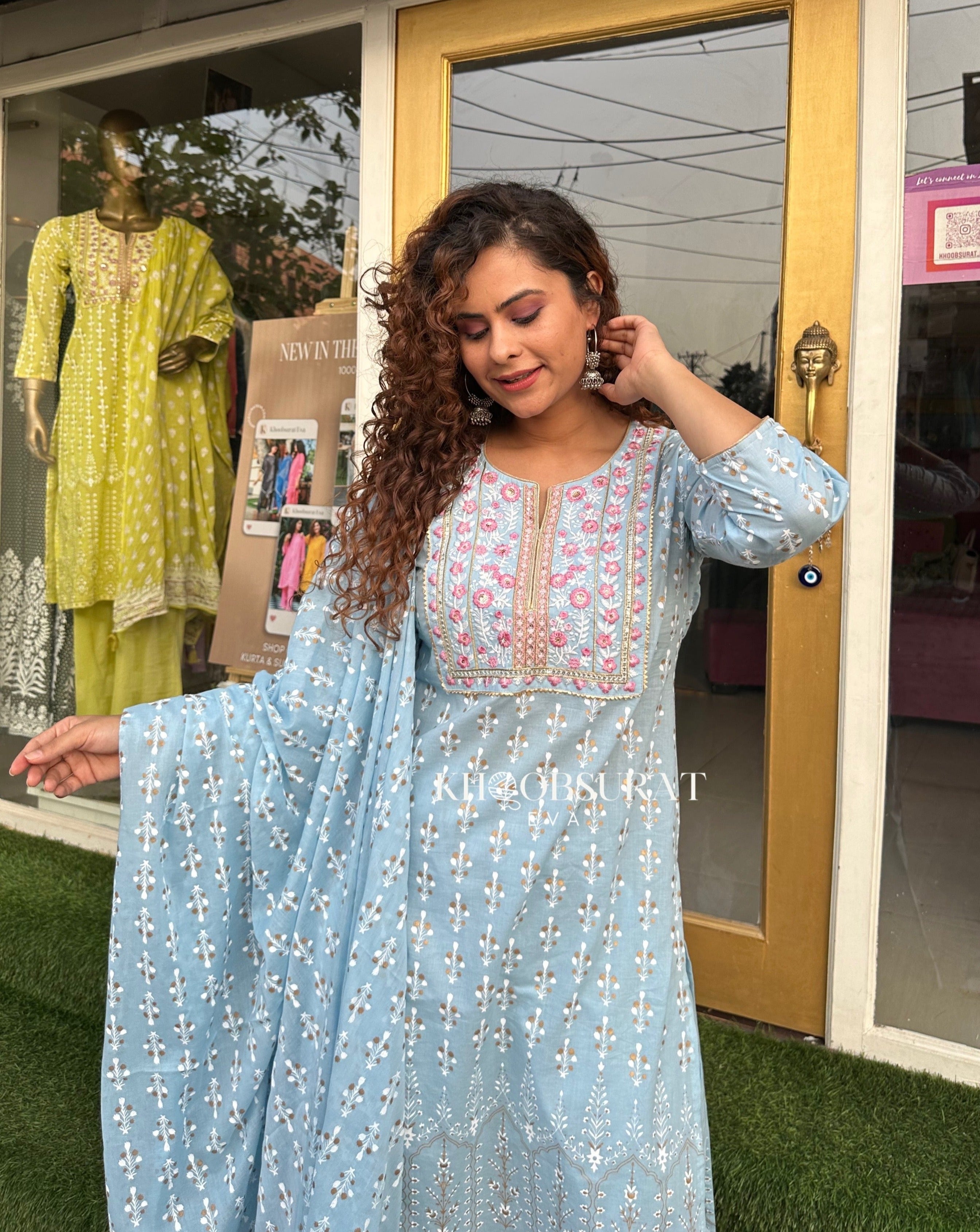 JAANAKI Blue Embroidered Kurta Suit Set for Women | Traditional Indian Ethnic Wear | Perfect for Festivals, Weddings & Special Occasions