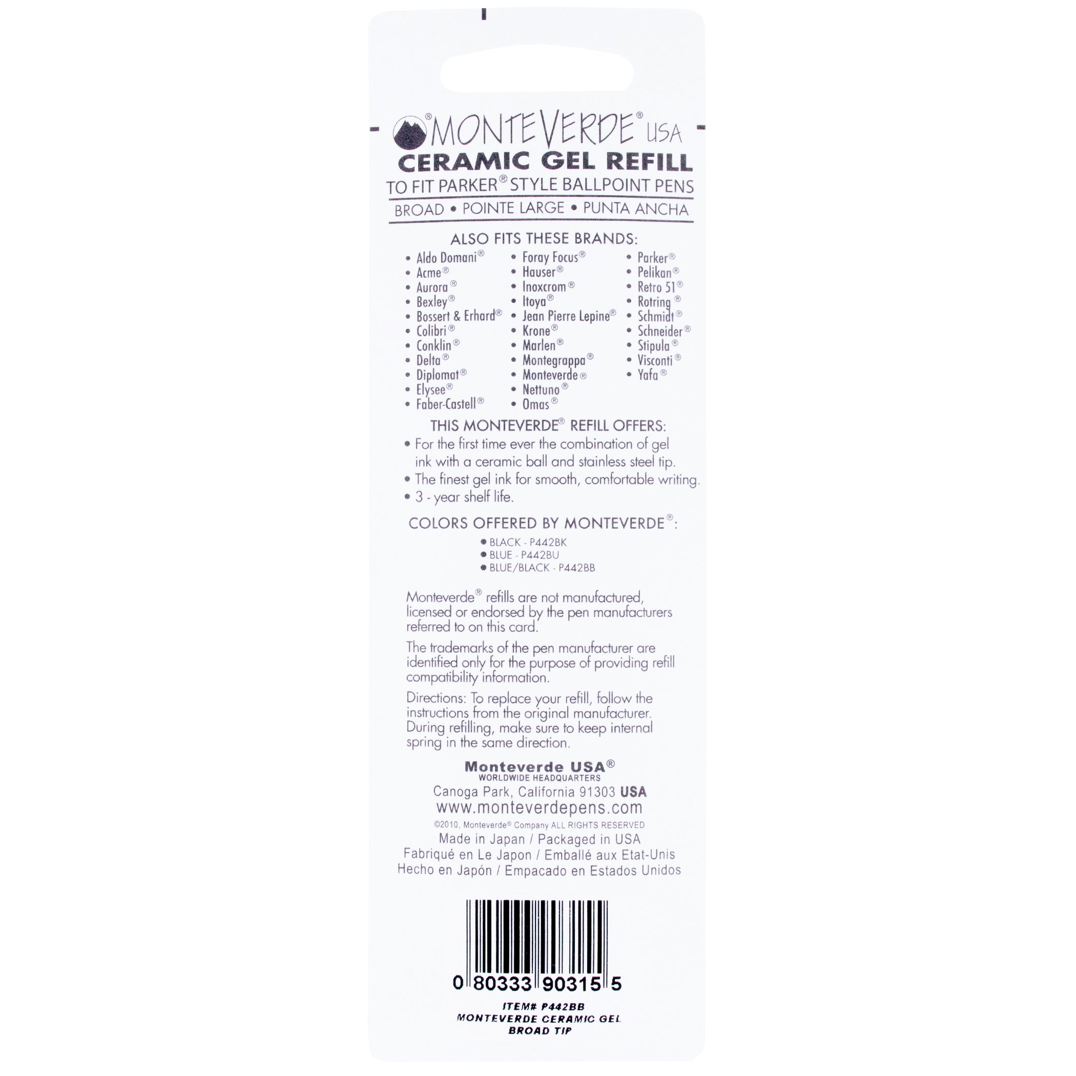 Monteverde Capless Ceramic Gel Refill 50 Pack (P444BB) - Broad Point Blue/Black Ink for Parker Ballpoint Pens - Perfect for Office, School & Everyday Writing