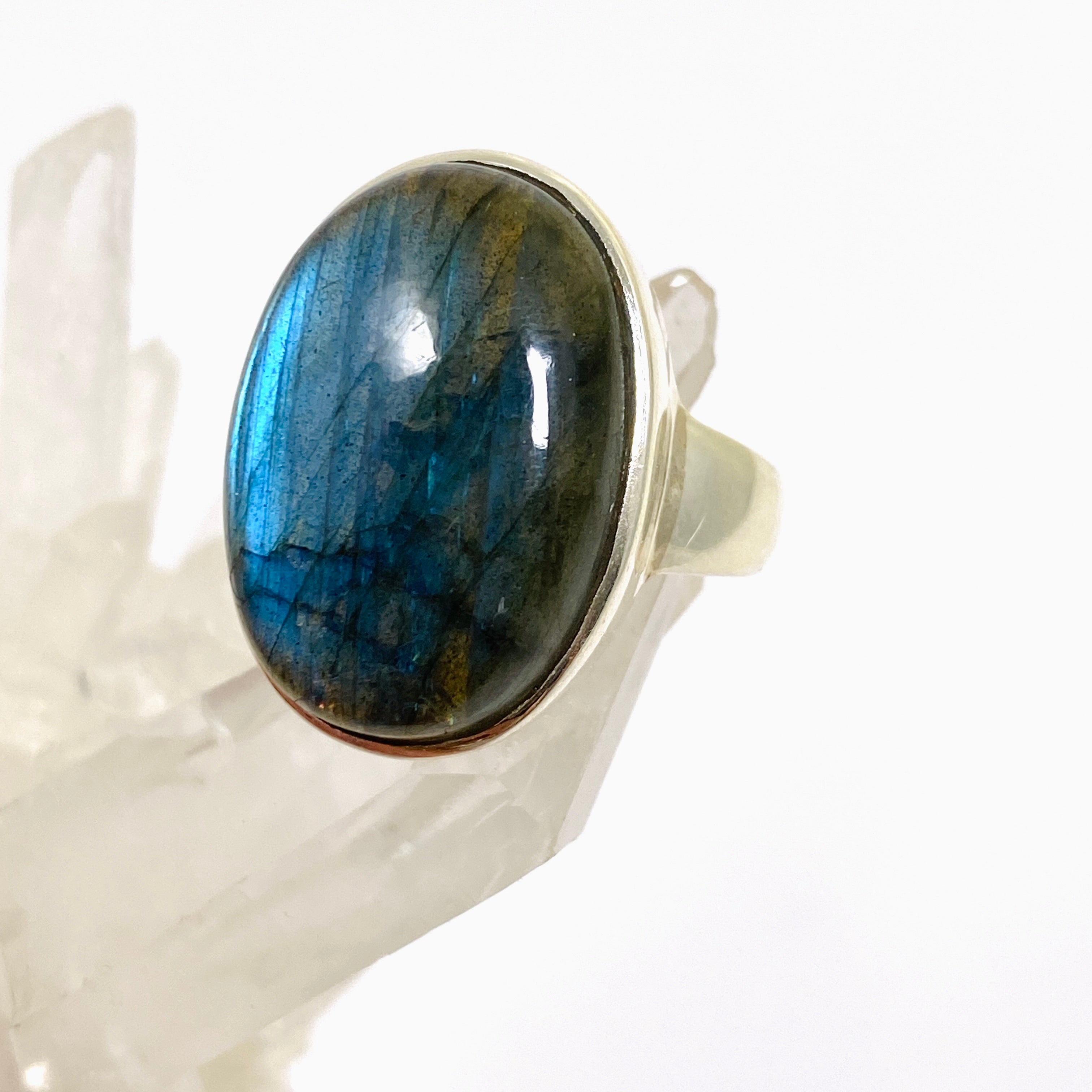 Natural Labradorite Oval Cabochon Ring - Size 9 Sterling Silver Handmade Jewelry for Women - Perfect for Boho Style, Gift Giving & Everyday Wear