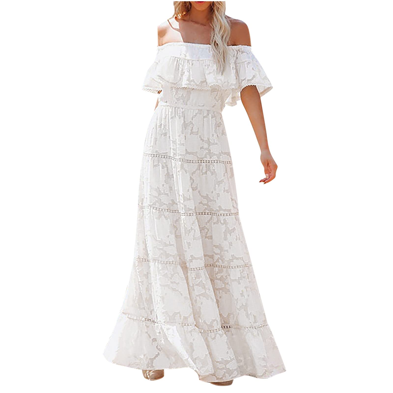 Elegant White Off Shoulder Maxi Dress for Women - Summer Short Sleeve Solid Casual One Line Neck Wedding Guest Dress | Perfect for Beach Vacations, Garden Parties & Formal Events