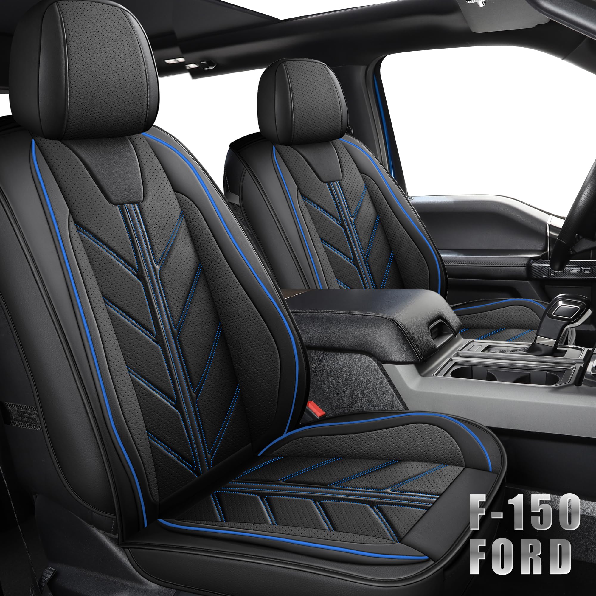 Premium Faux Leather Truck Seat Covers for Ford F-150 2009-2025 Models (XL/XLT/Lariat/King Ranch/Platinum/Tremor) - Crew Cab Protection Set in Black & Blue | Durable Cushion Protectors for Pickup Trucks | Perfect for Work Commutes, Road Trips & Off-Road Adventures