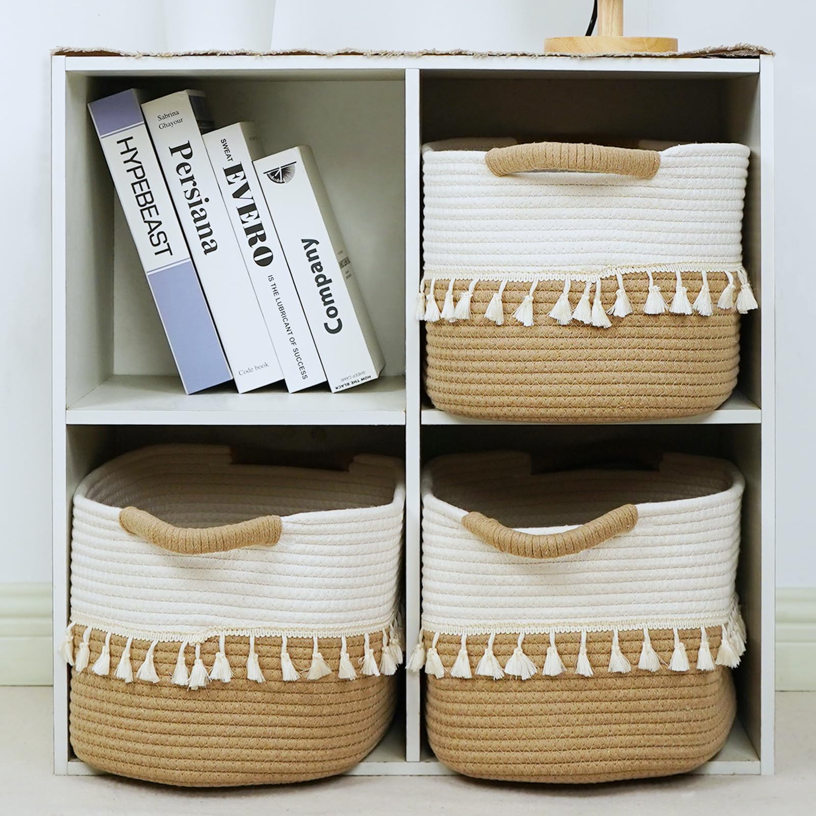 TeoKJ 3-Pack Woven Storage Baskets - Cotton Rope Organizing Bins for Clothes, Books, Plants & Pet Supplies | Boho Chic Home Decor for Bedroom, Nursery & Living Room Organization | White & Jute Fabric Storage Solutions