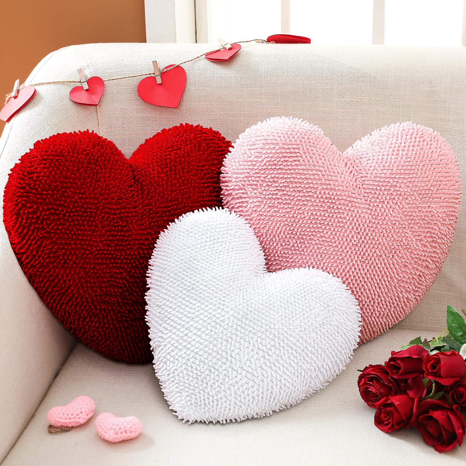 3 Pack Valentine's Day Heart Shaped Throw Pillows - Soft Velvet Plush Cushions in Red, Pink & White - Perfect Gift for Friends, Kids & Romantic Decor - Ideal for Living Room, Bedroom, Party Decorations & Photo Props