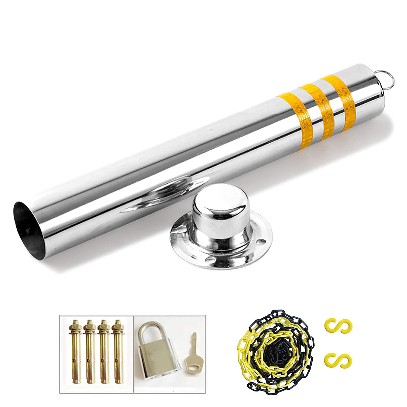 Reflective Parking Security Posts with Plastic Chain Barrier - 800mm x 76mm Driveway Safety Bollards with Hanging Rings & Movable Base | Perfect for Parking Lots, Driveways & Construction Site Safety
