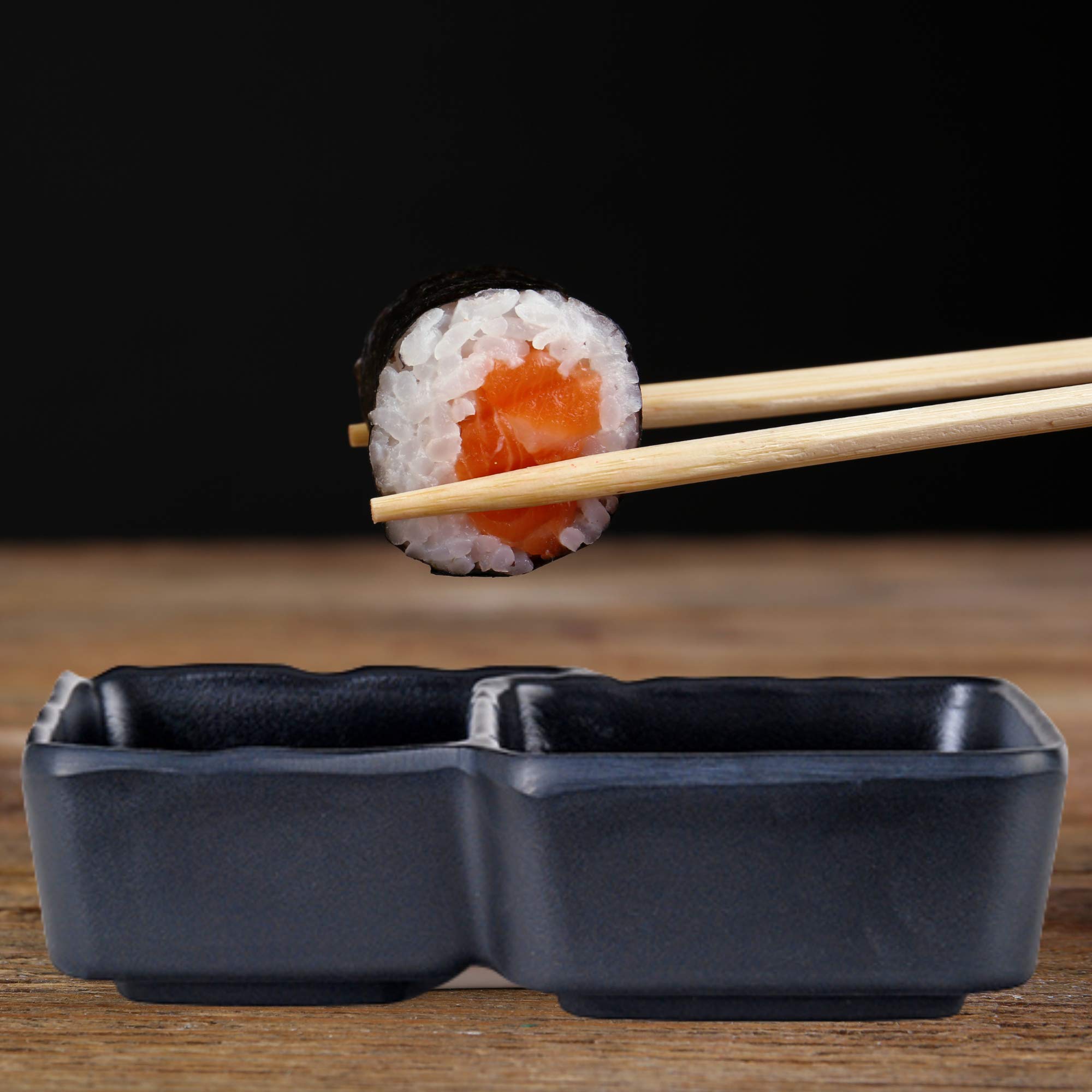 Needzo 2-Pack Melamine Divided Sauce Bowls - Dual Compartment Soy Sauce & Wasabi Dipping Plates, Durable Plastic Containers for Sushi, Dumplings & Asian Cuisine