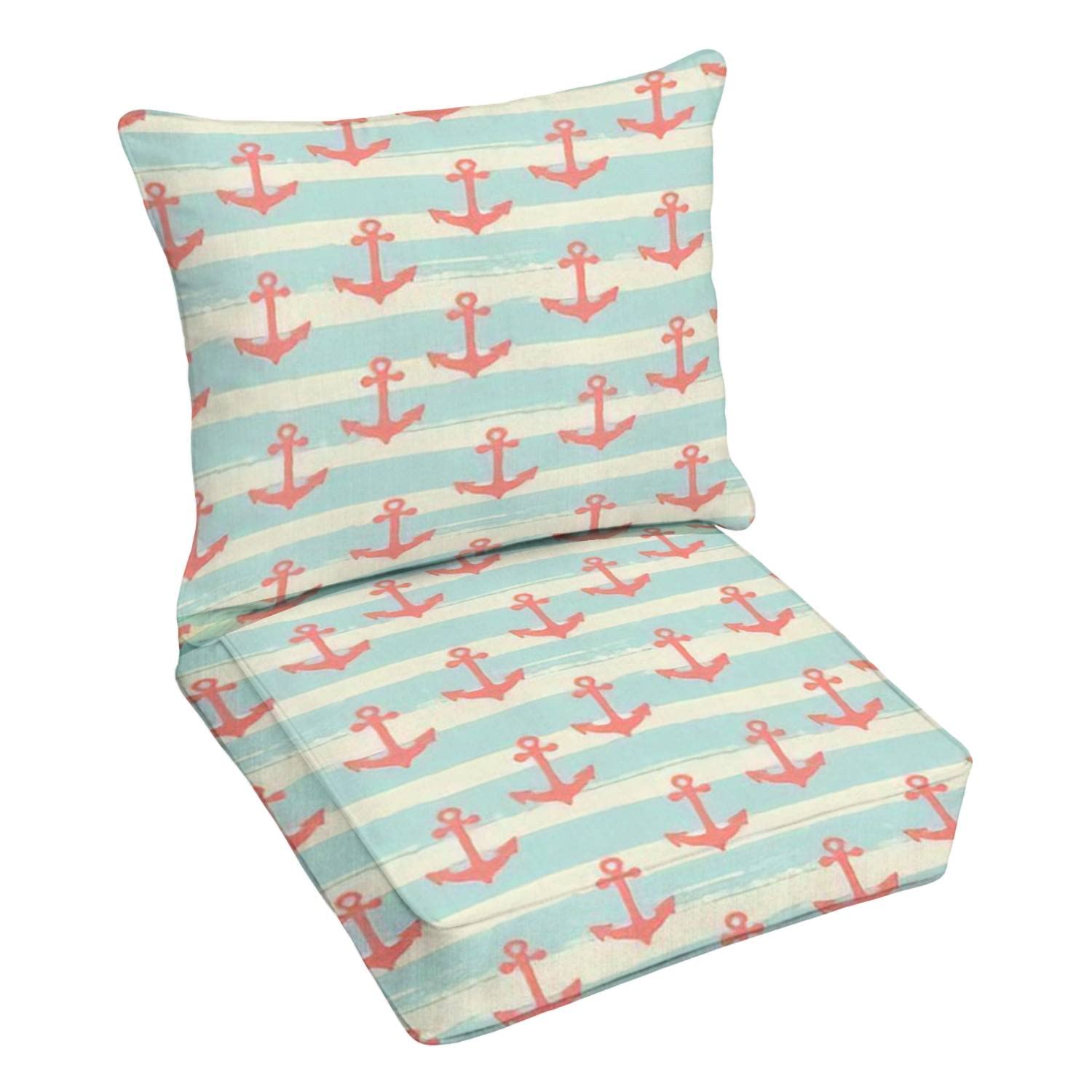Premium Outdoor Deep Seating Cushion Set - Red Anchor Print on Striped Fabric - Waterproof Patio Furniture Replacement Cushions for Lounge Chairs & Conversation Sets - Perfect for Backyard, Poolside, and Deck Relaxation