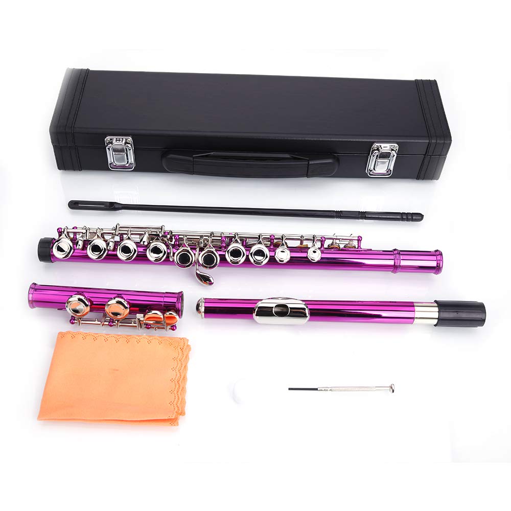 **16 Key Closed Hole C Flute for Beginners, Kids & Students - Cupronickel Flute with Joint Grease, Cleaning Rod & Rose Red Carrying Case - Perfect for School Bands, Music Lessons & Home Practice**