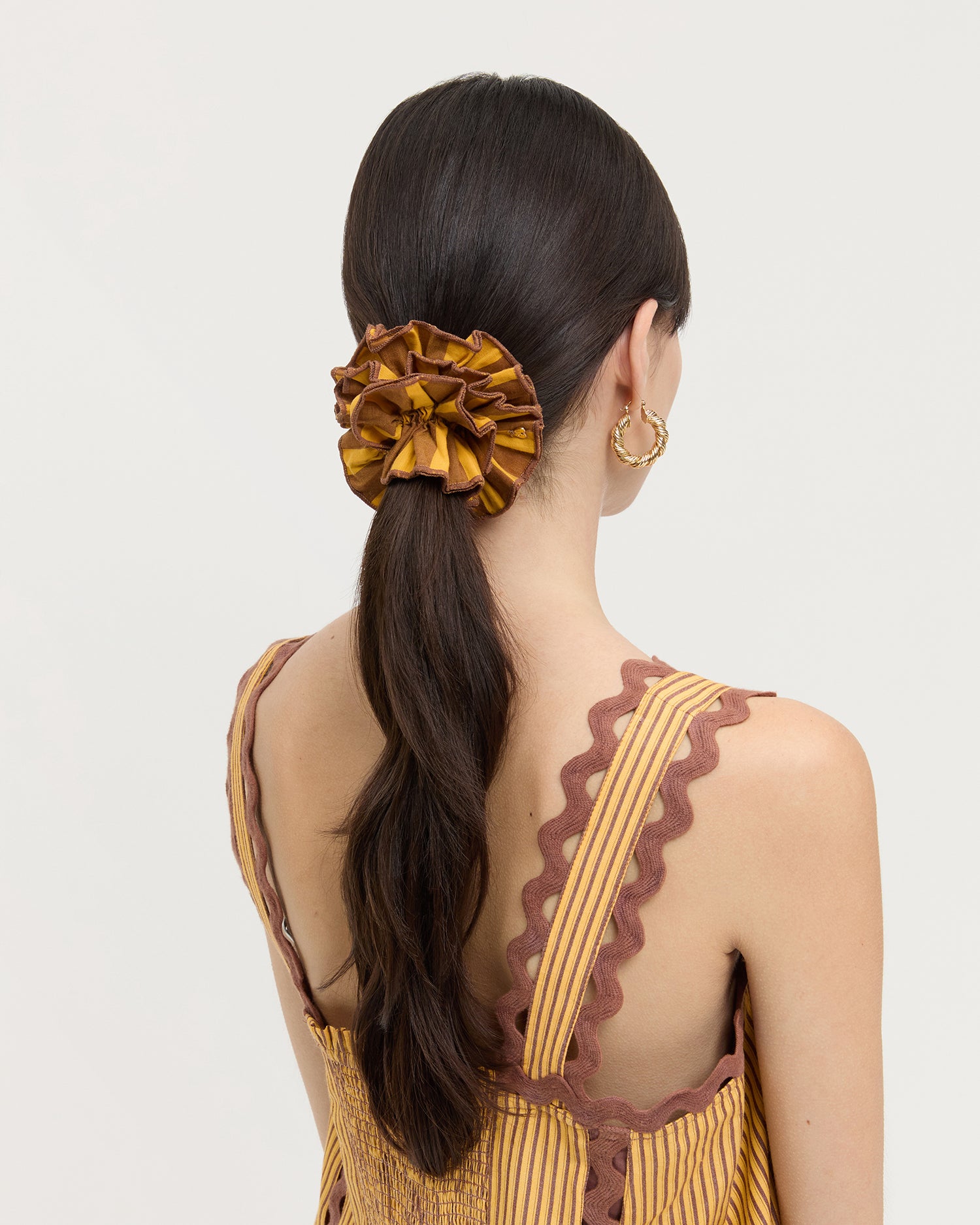 Felice Yellow and Brown Layered Hair Scrunchies - Soft Fabric Hair Ties for Women & Girls - Perfect for Workouts, Yoga, and Everyday Styling