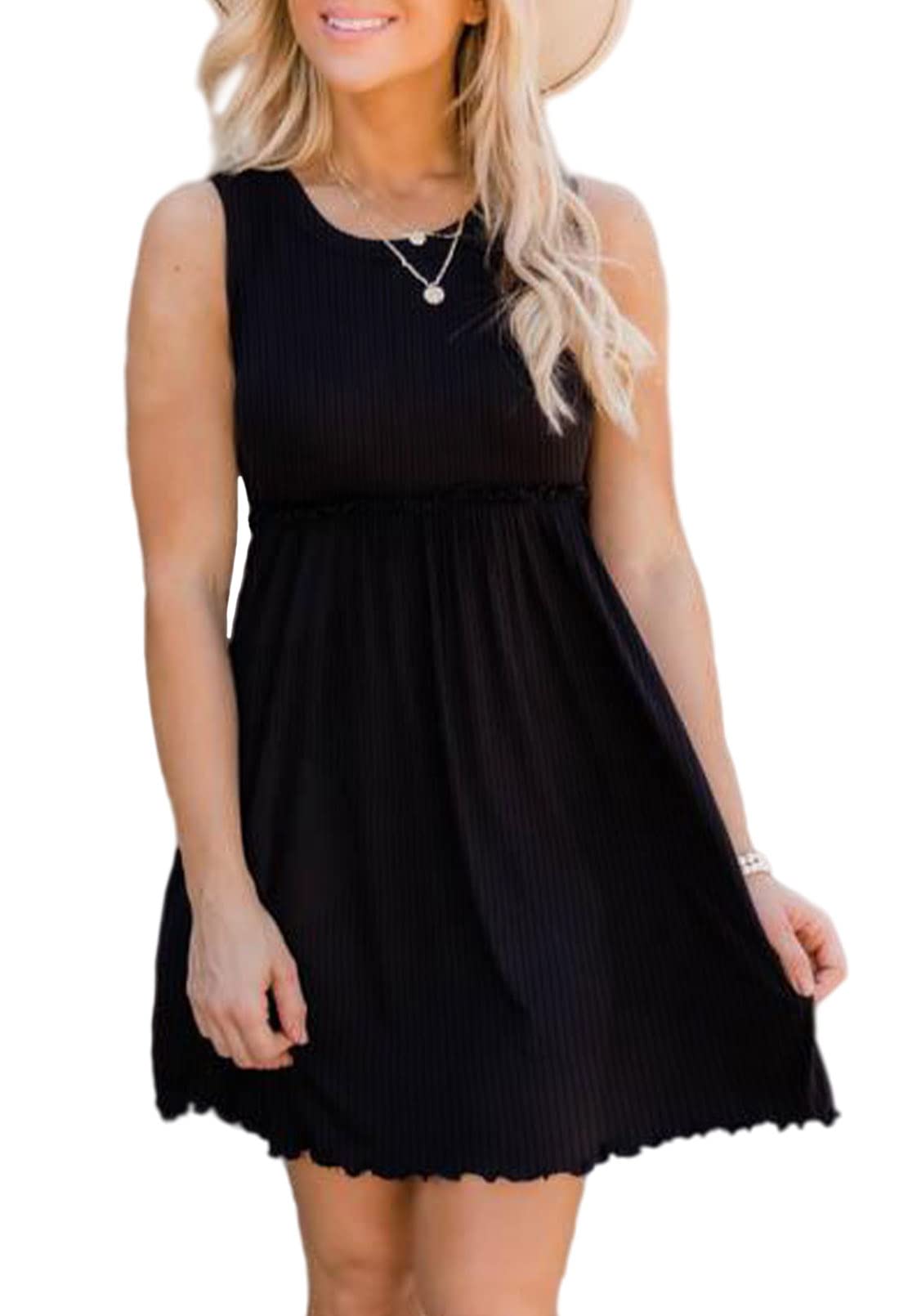 Pink Queen Women's Summer Ribbed Crew Neck Sleeveless Ruffle Swing Tank Mini Short Dress - Solid Color Casual Outfit for Beach, Vacation & Date Night