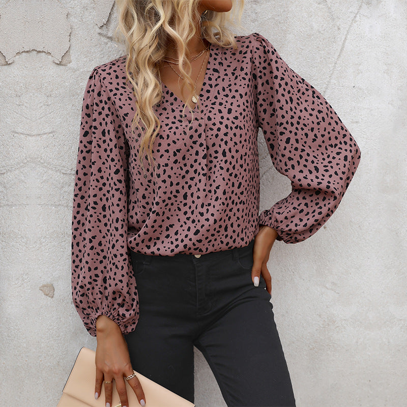LOVEVOP Women's Long Sleeve V-Neck Leopard Print Blouse - Trendy Spring Summer Commuter Top for Business Casual & Office Wear | Cross Border Ecommerce Fashion 2025