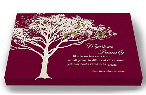 Personalized Family Tree Canvas Wall Art with Lovebirds & Inspirational Quote - Romantic Home Decor Gift for Wedding Anniversary, Parents & Grandparents - Burgundy 20